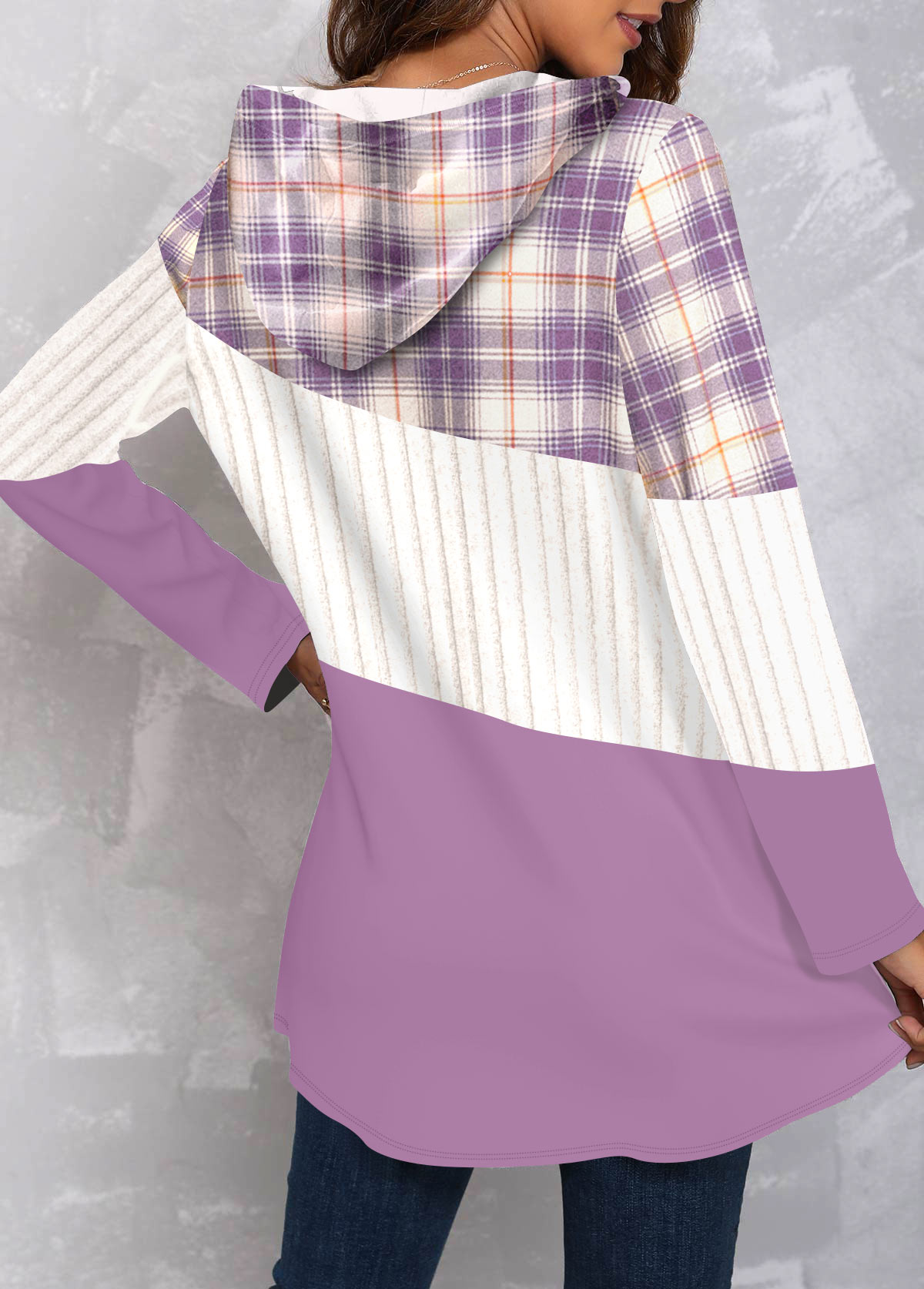 Purple Patchwork Plaid Long Sleeve Hoodie | picture 