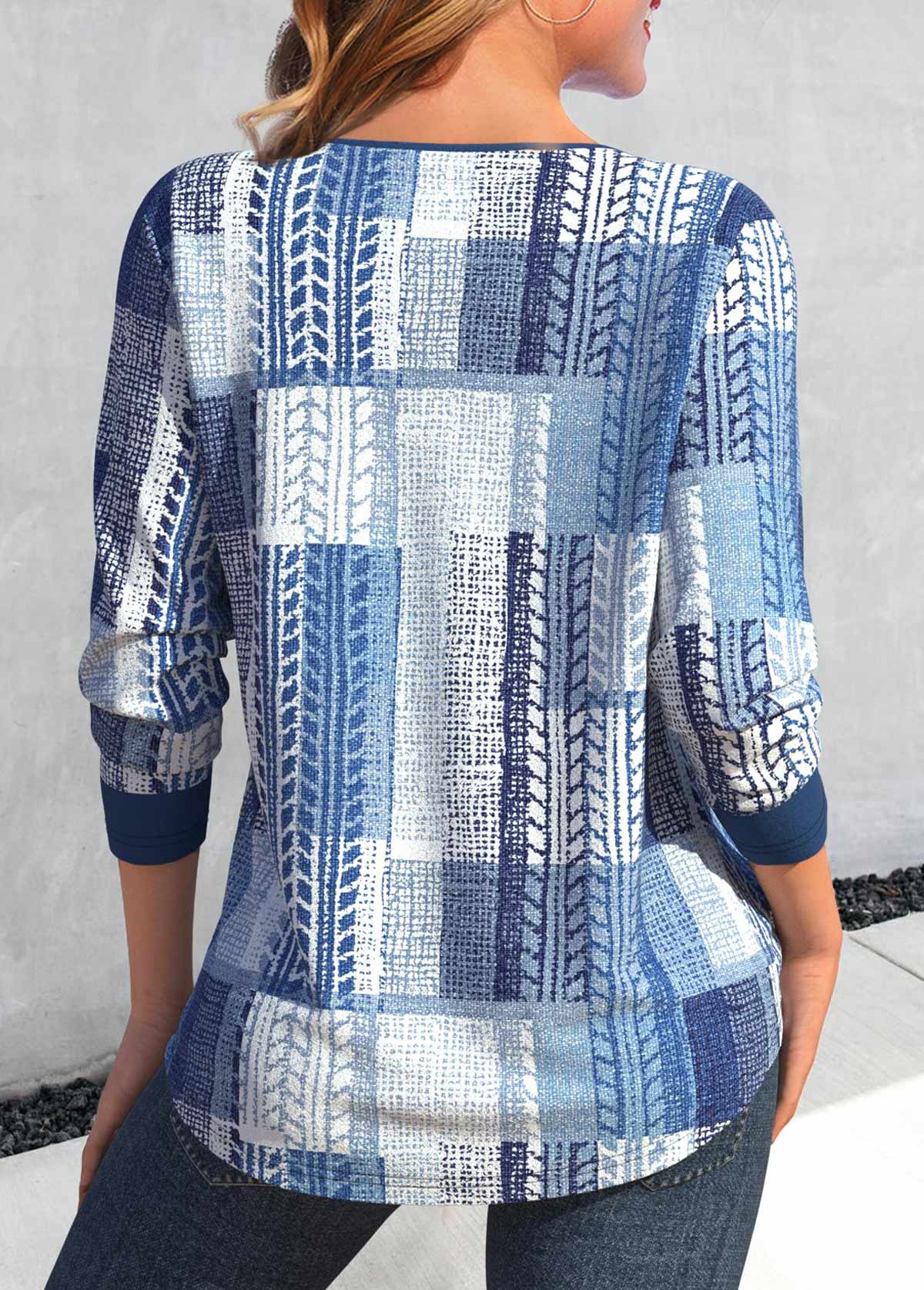 Denim Blue Lace Up Geometric Print T Shirt
