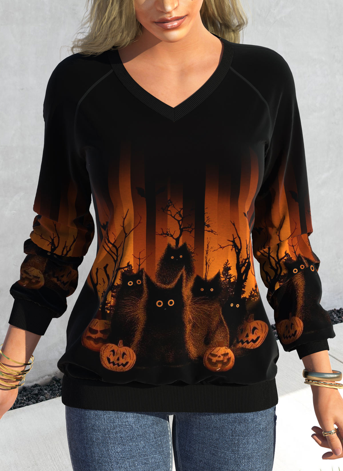 Black Patchwork Halloween Print Long Sleeve V Neck Sweatshirt