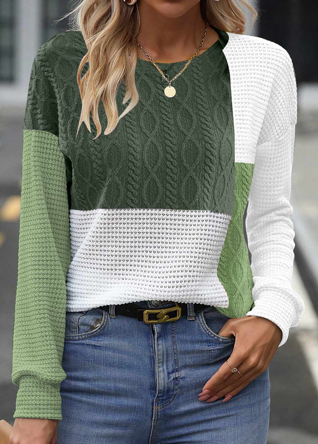 Plus Size Blackish Green Patchwork Long Sleeve Sweatshirt | picture 