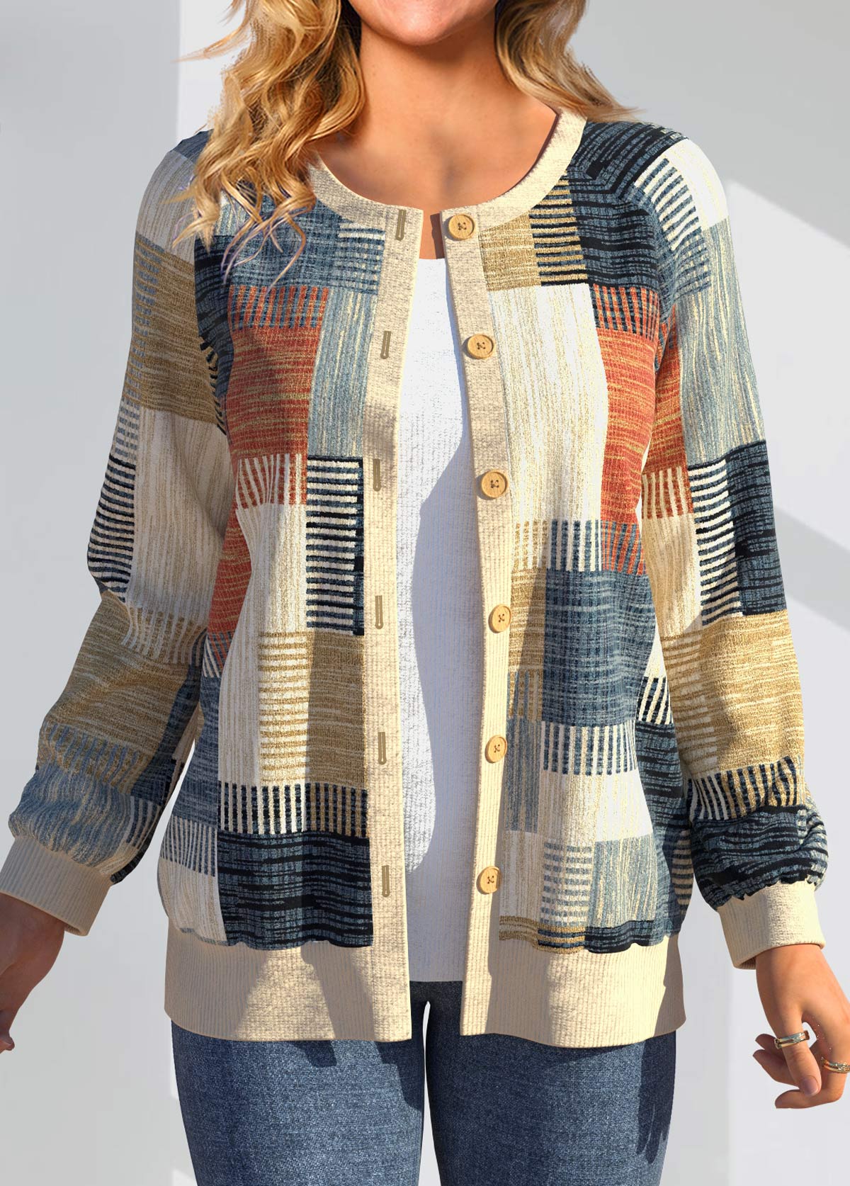 Multi Color Button Geometric Print Long Sleeve Cardigan | picture 