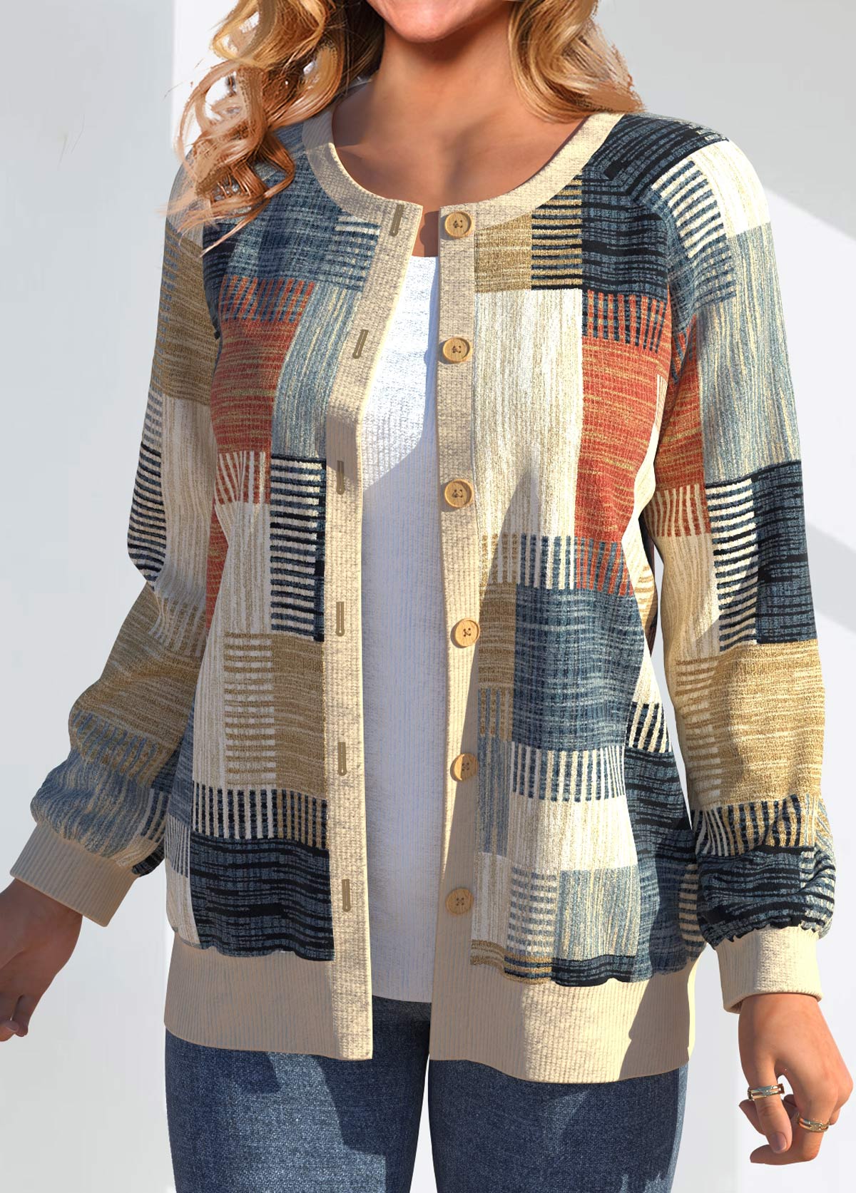 Multi Color Button Geometric Print Long Sleeve Cardigan | picture 