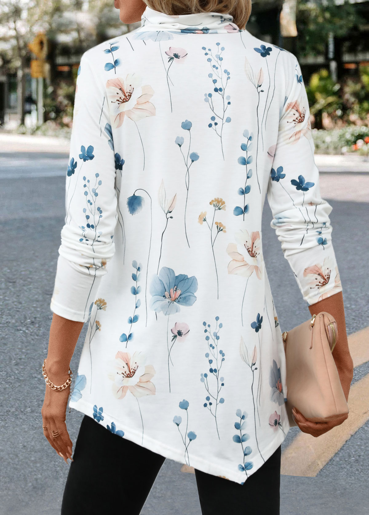 White Asymmetry Floral Print Long Sleeve T Shirt