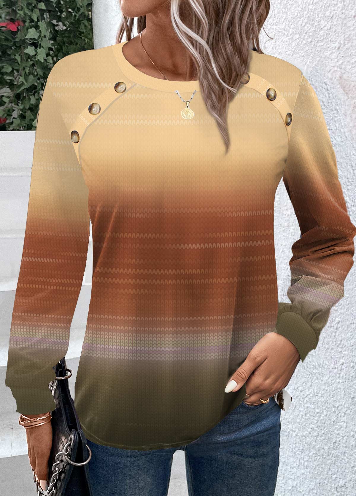 Yellow Button Ombre Long Sleeve Round Neck T Shirt