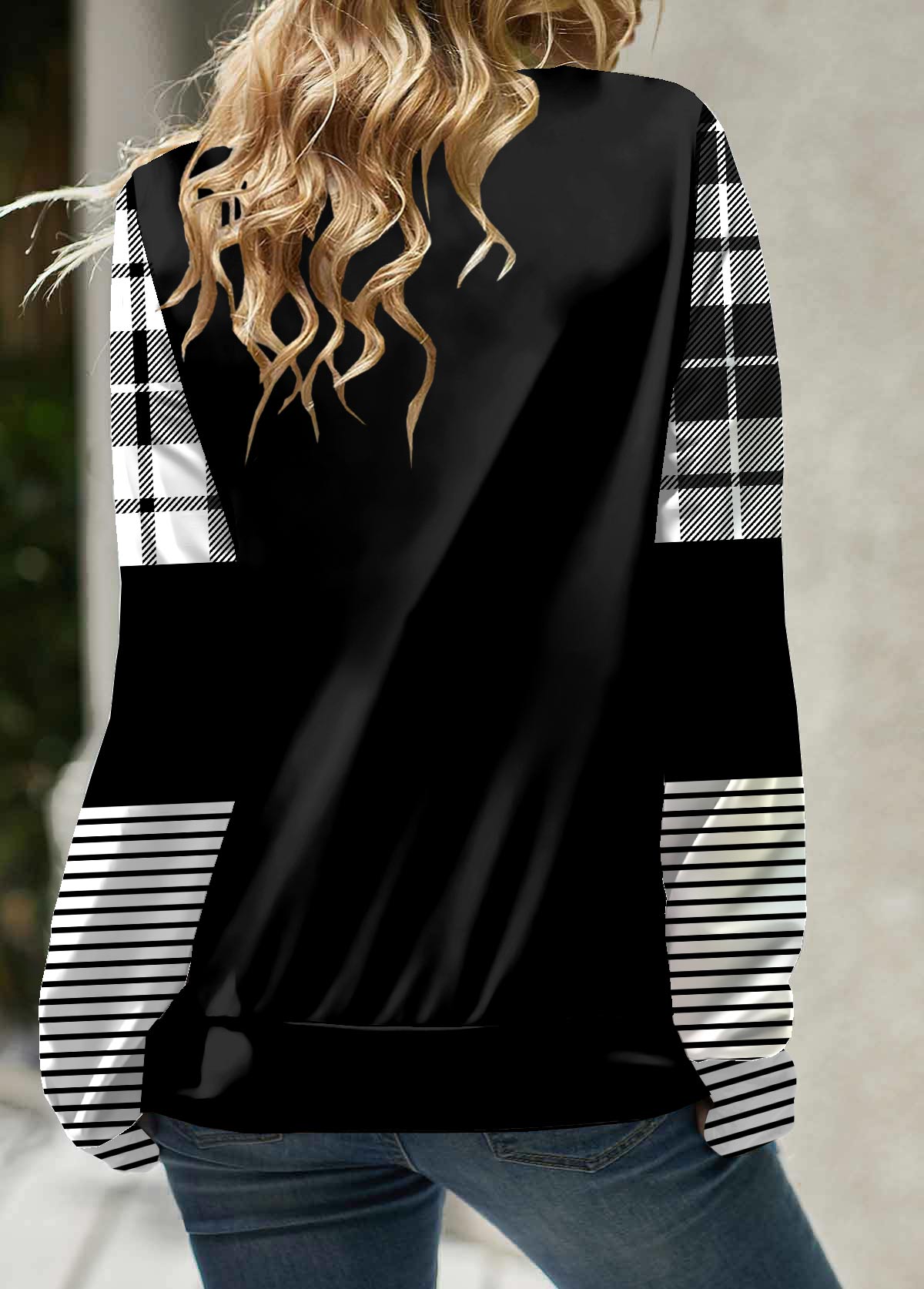 Black Drawstring Plaid Long Sleeve Cowl Neck Sweatshirt
