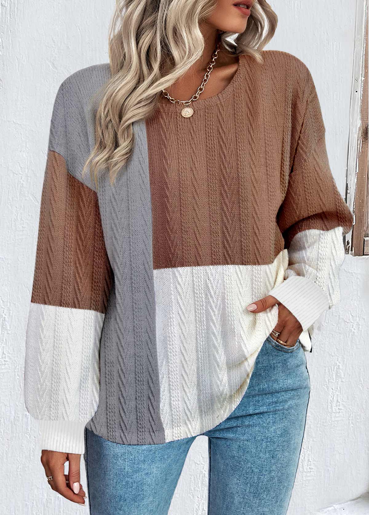 Dark Coffee Patchwork Long Sleeve Round Neck Sweatshirt | picture 