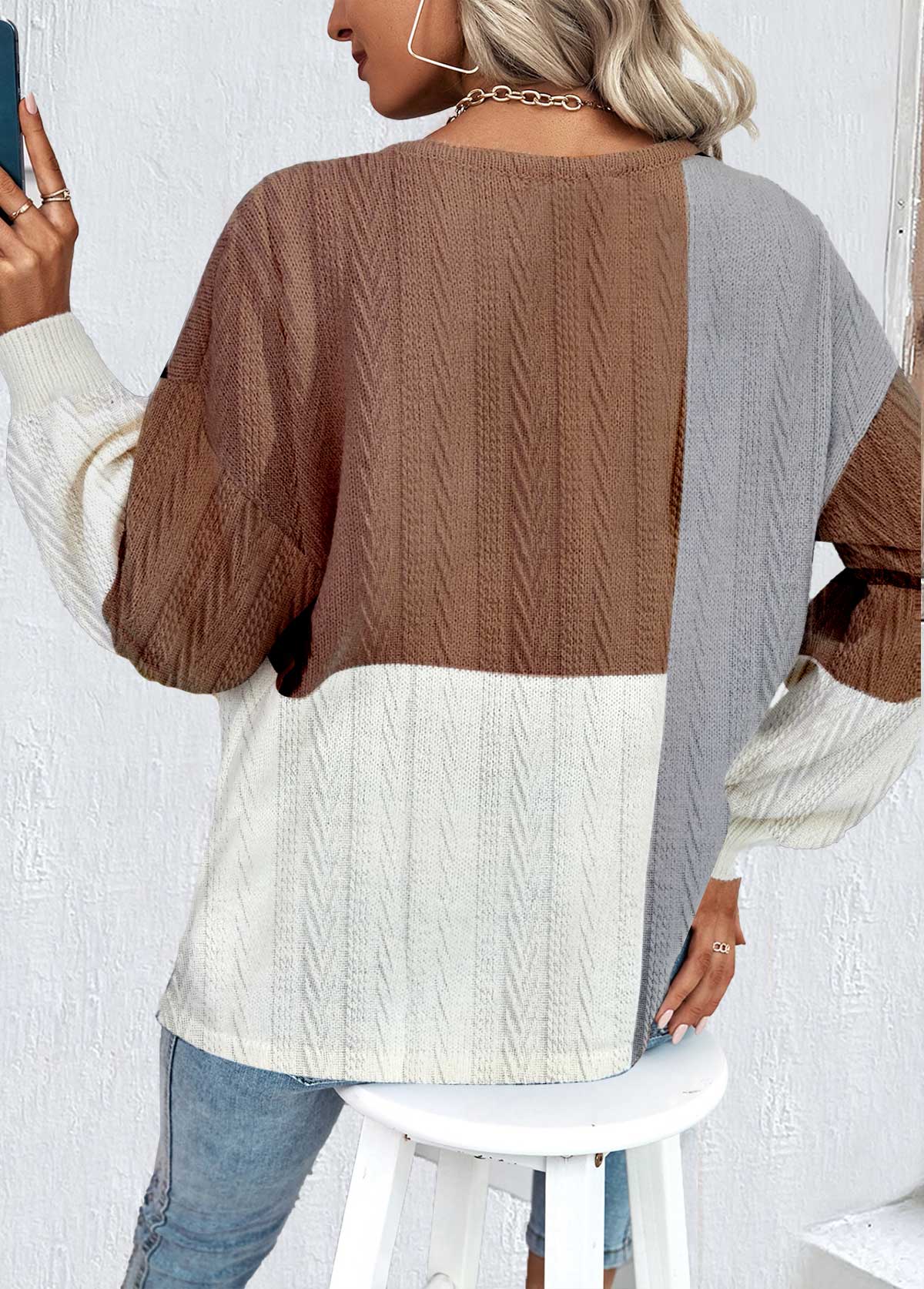 Dark Coffee Patchwork Long Sleeve Round Neck Sweatshirt | picture 