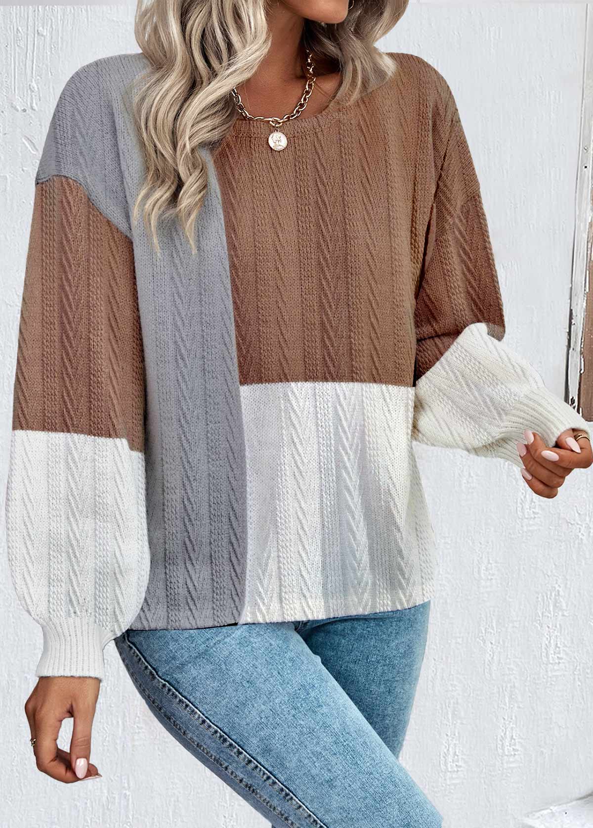 Dark Coffee Patchwork Long Sleeve Round Neck Sweatshirt | picture 
