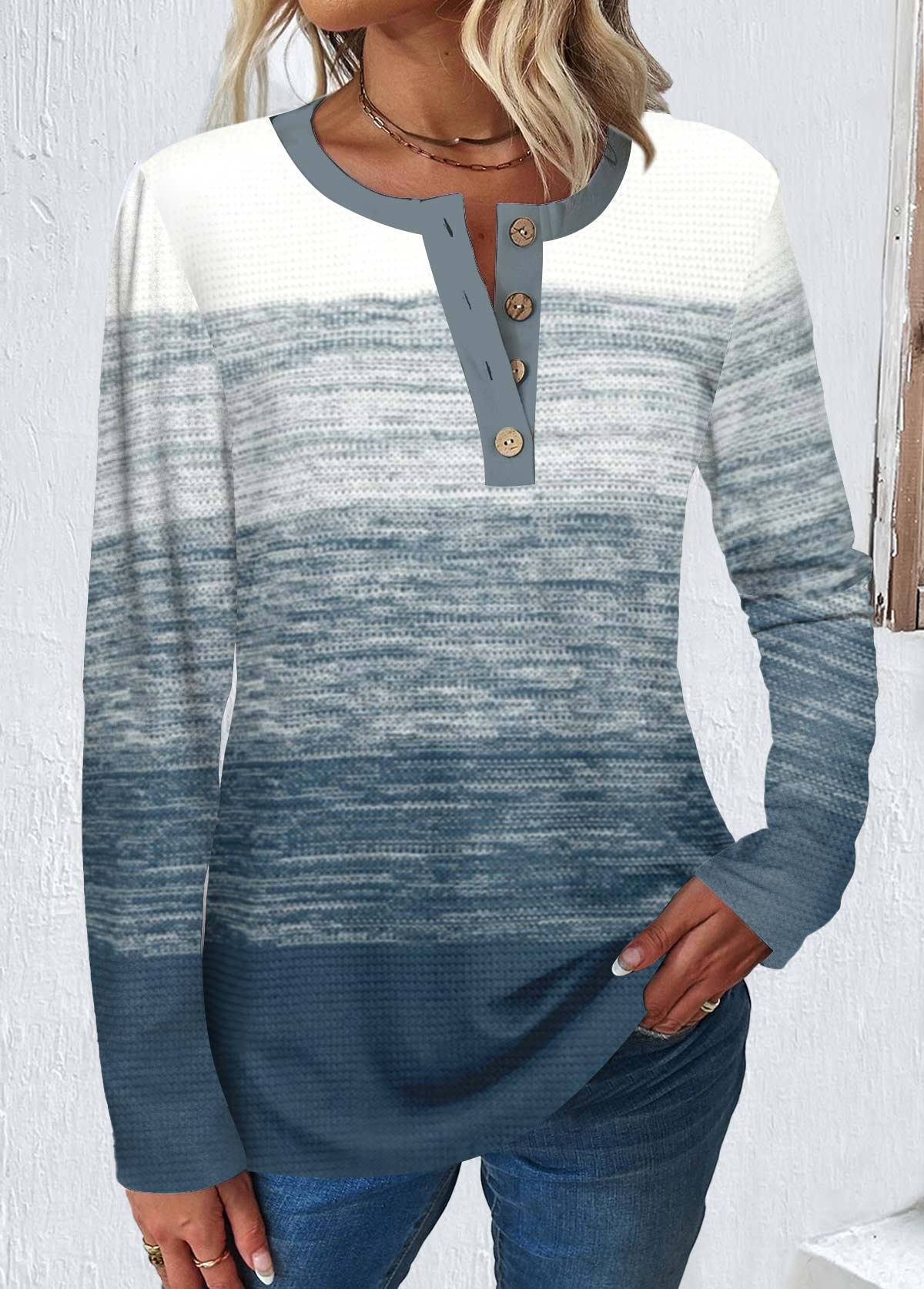 Dusty Blue Button Long Sleeve Round Neck T Shirt | picture 