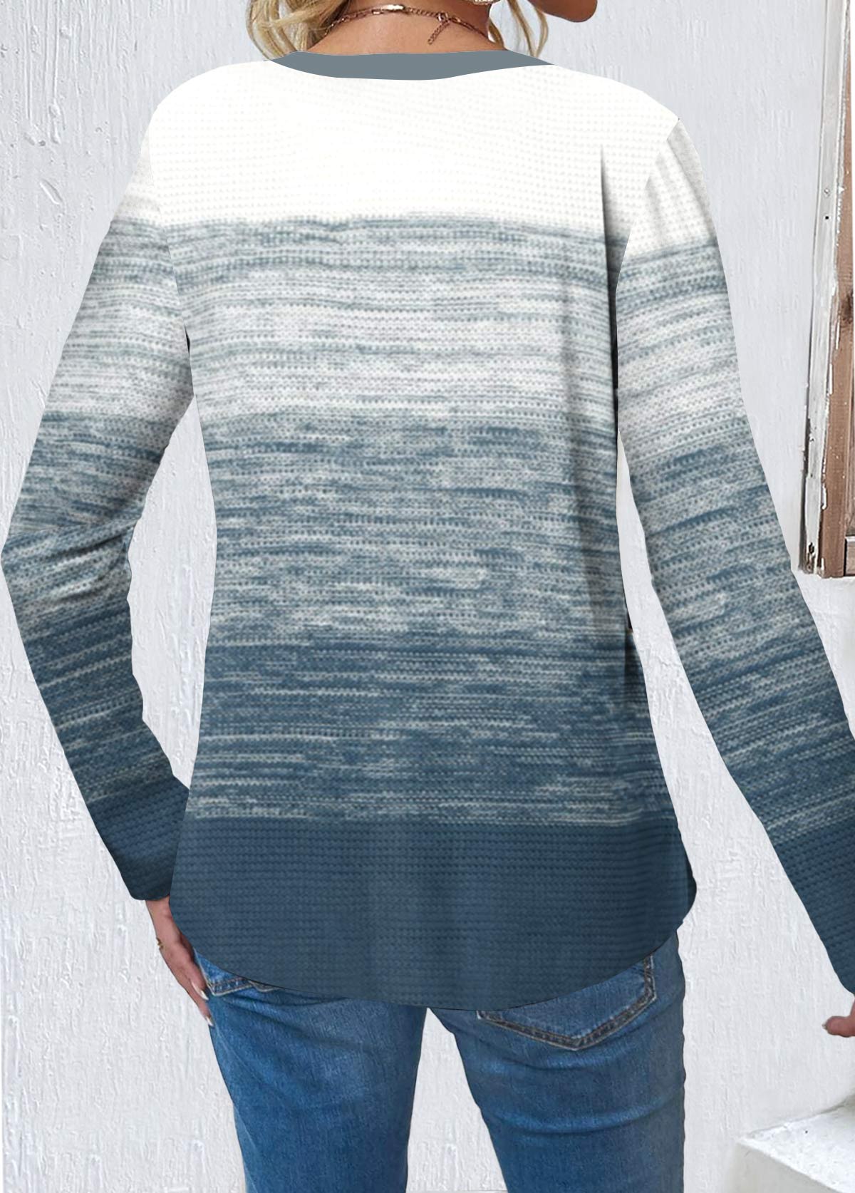 Dusty Blue Button Long Sleeve Round Neck T Shirt | picture 