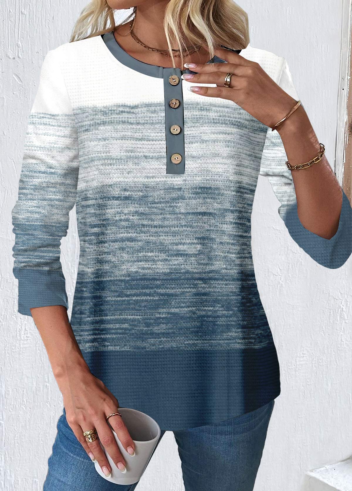 Dusty Blue Button Long Sleeve Round Neck T Shirt | picture 