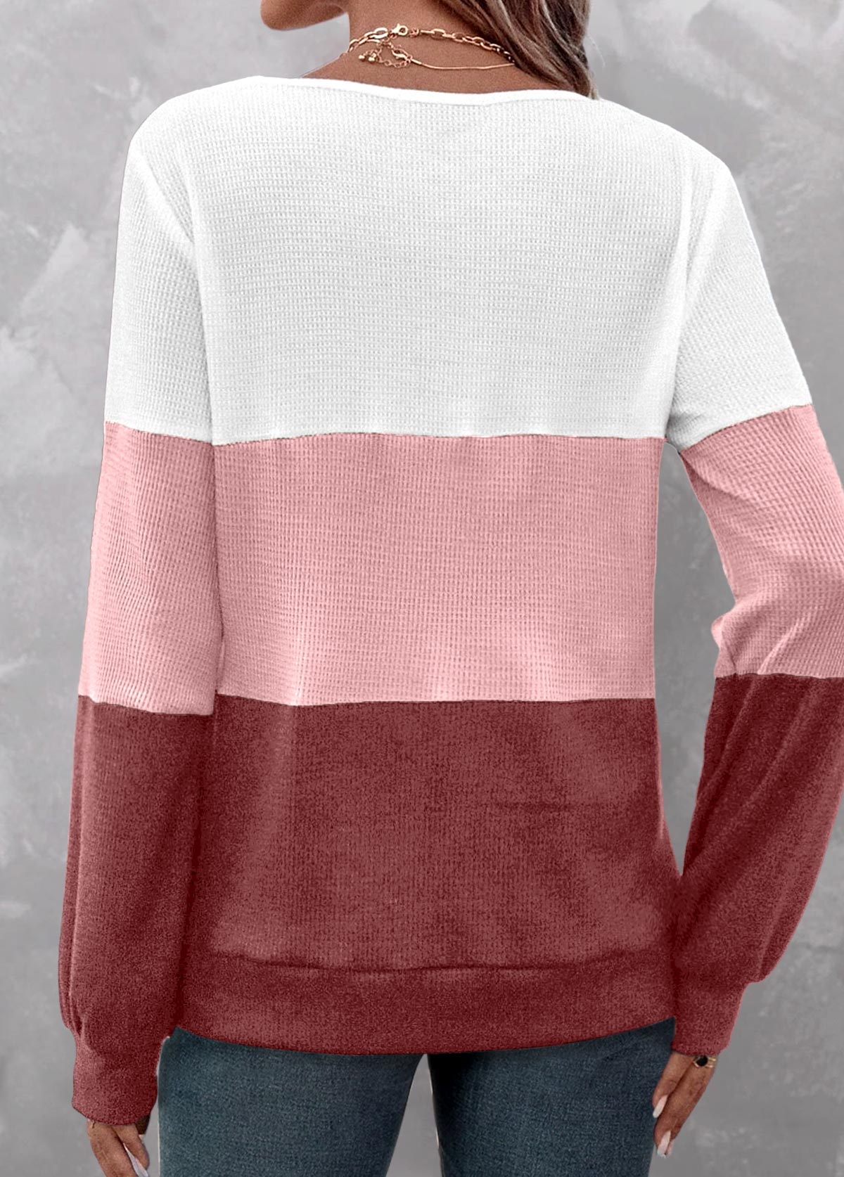 Dusty Pink Patchwork Long Sleeve V Neck Sweatshirt