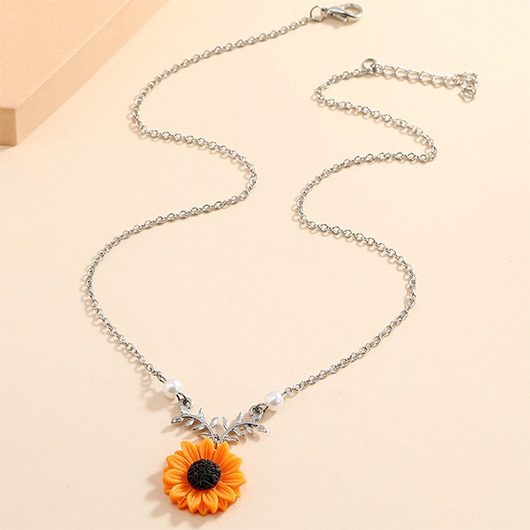 Orange Sunflower Detail Pearl Design Necklace
