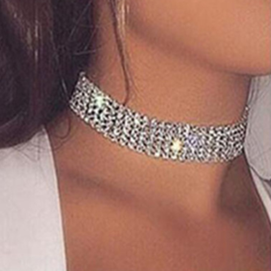 Silver Rectangle Rhinestone Alloy Detail Necklace