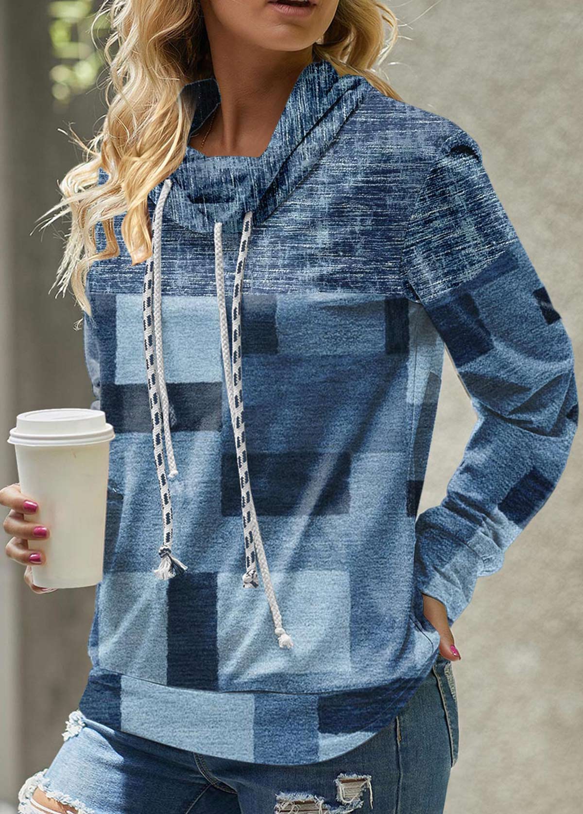 Denim Blue Patchwork Geometric Print Long Sleeve Sweatshirt
