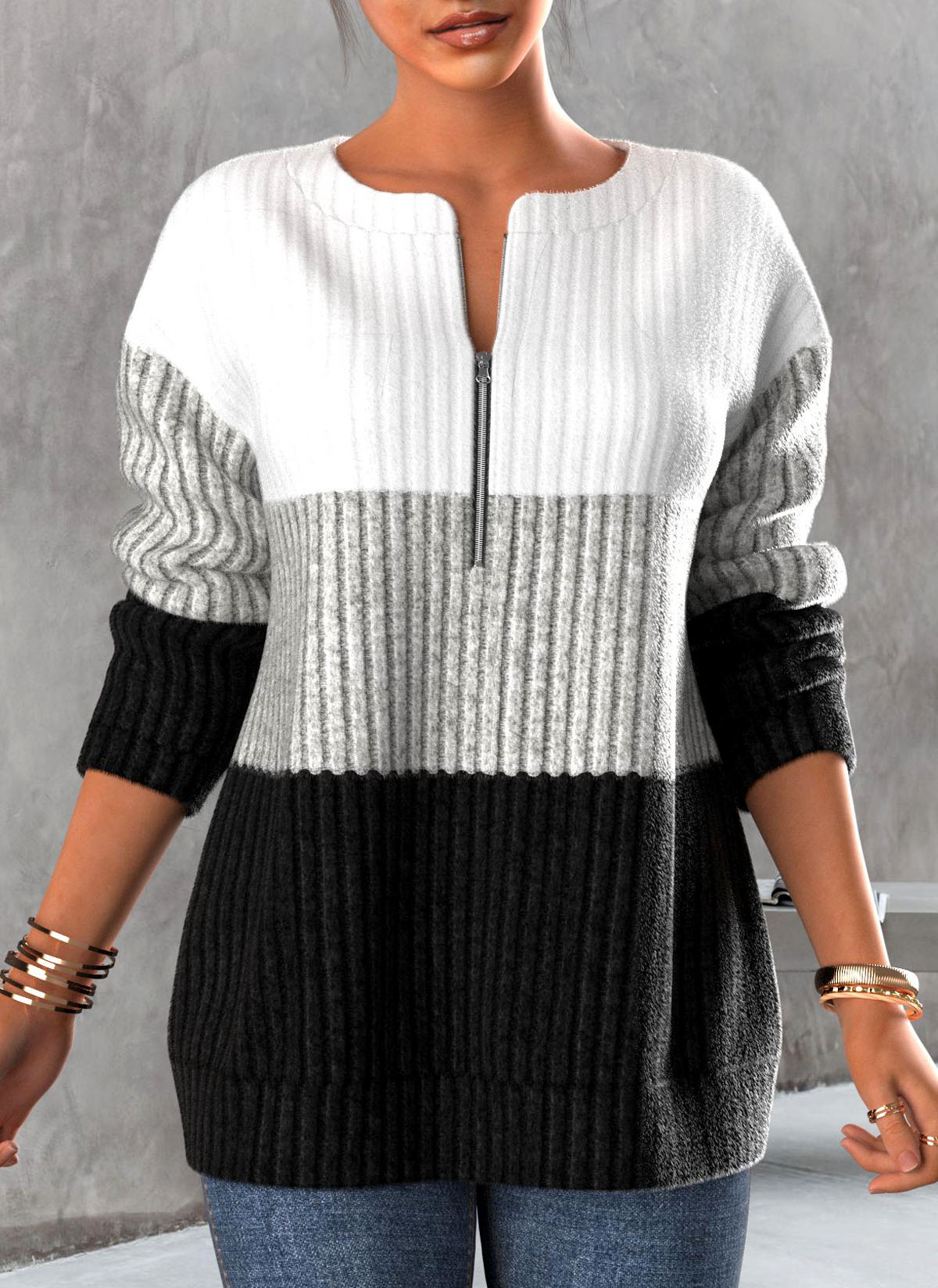 Black Zipper Long Sleeve Round Neck Sweatshirt | picture 