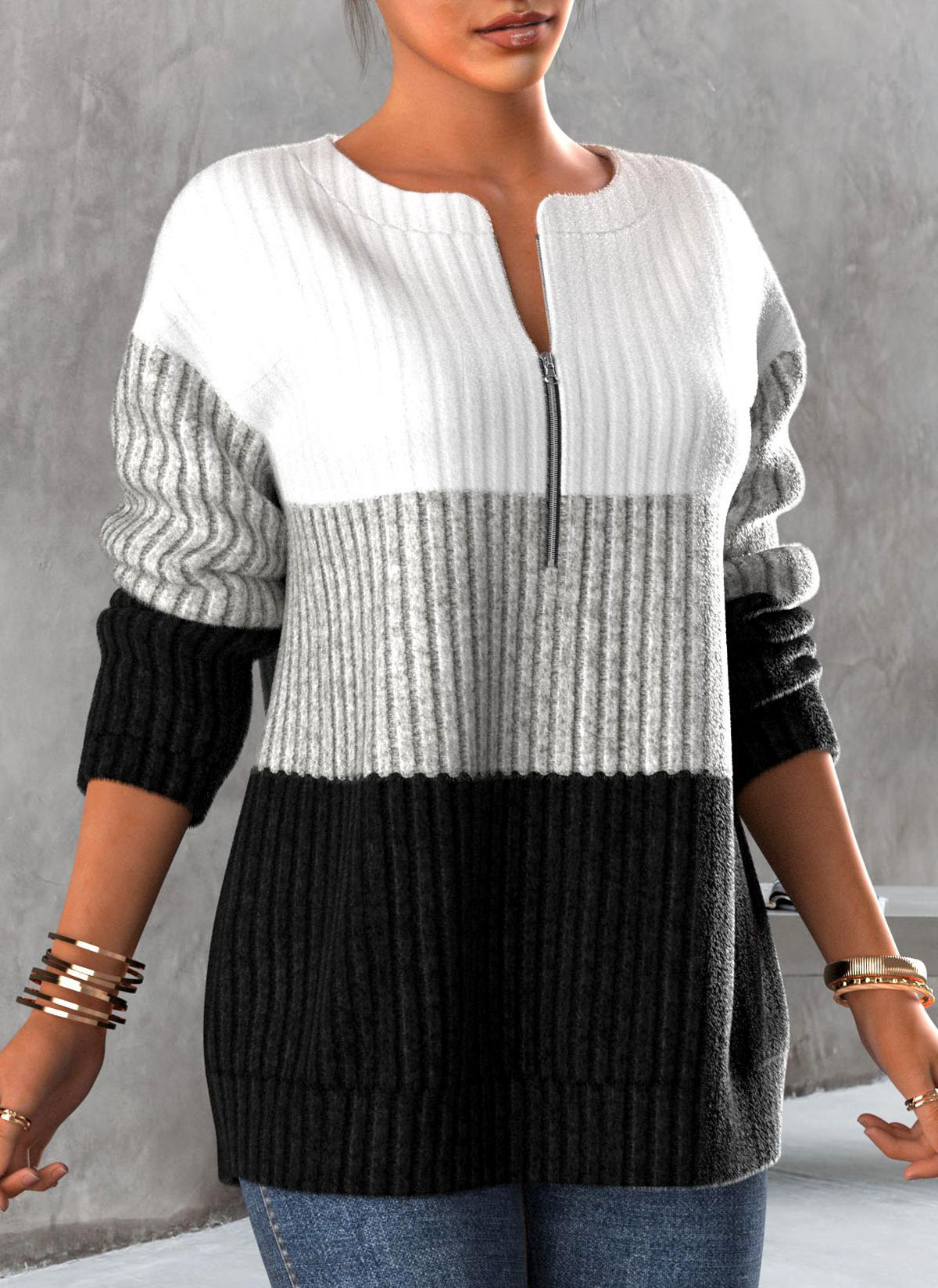 Black Zipper Long Sleeve Round Neck Sweatshirt | picture 