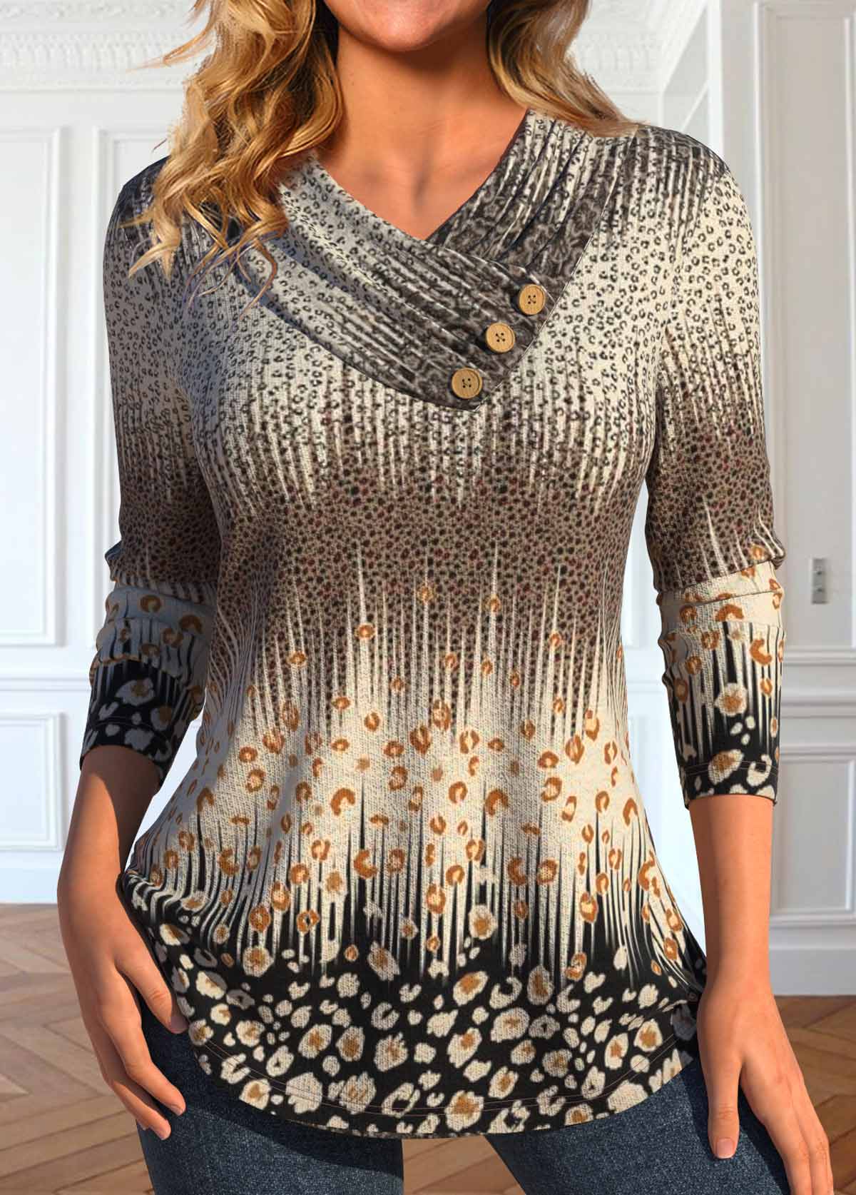 Multi Color Button Leopard Long Sleeve T Shirt | modlily.com - USD 32.98