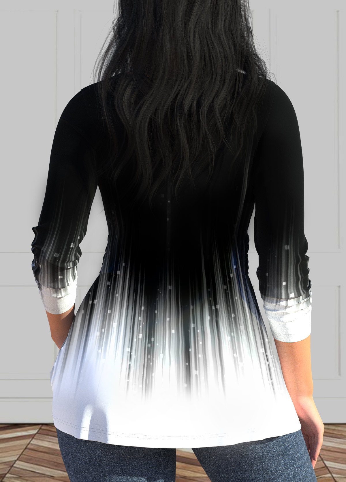 Black Twist Ombre Long Sleeve V Neck T Shirt | picture 