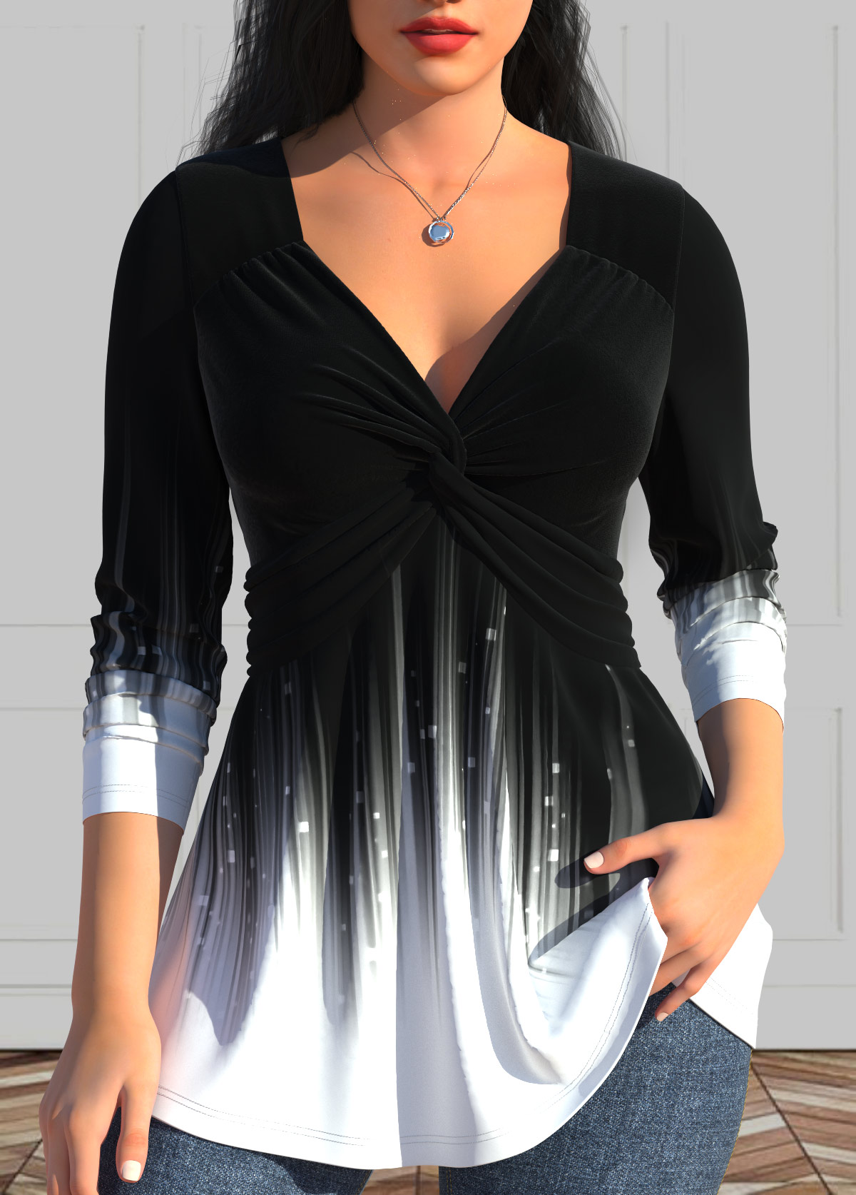 Black Twist Ombre Long Sleeve V Neck T Shirt | picture 