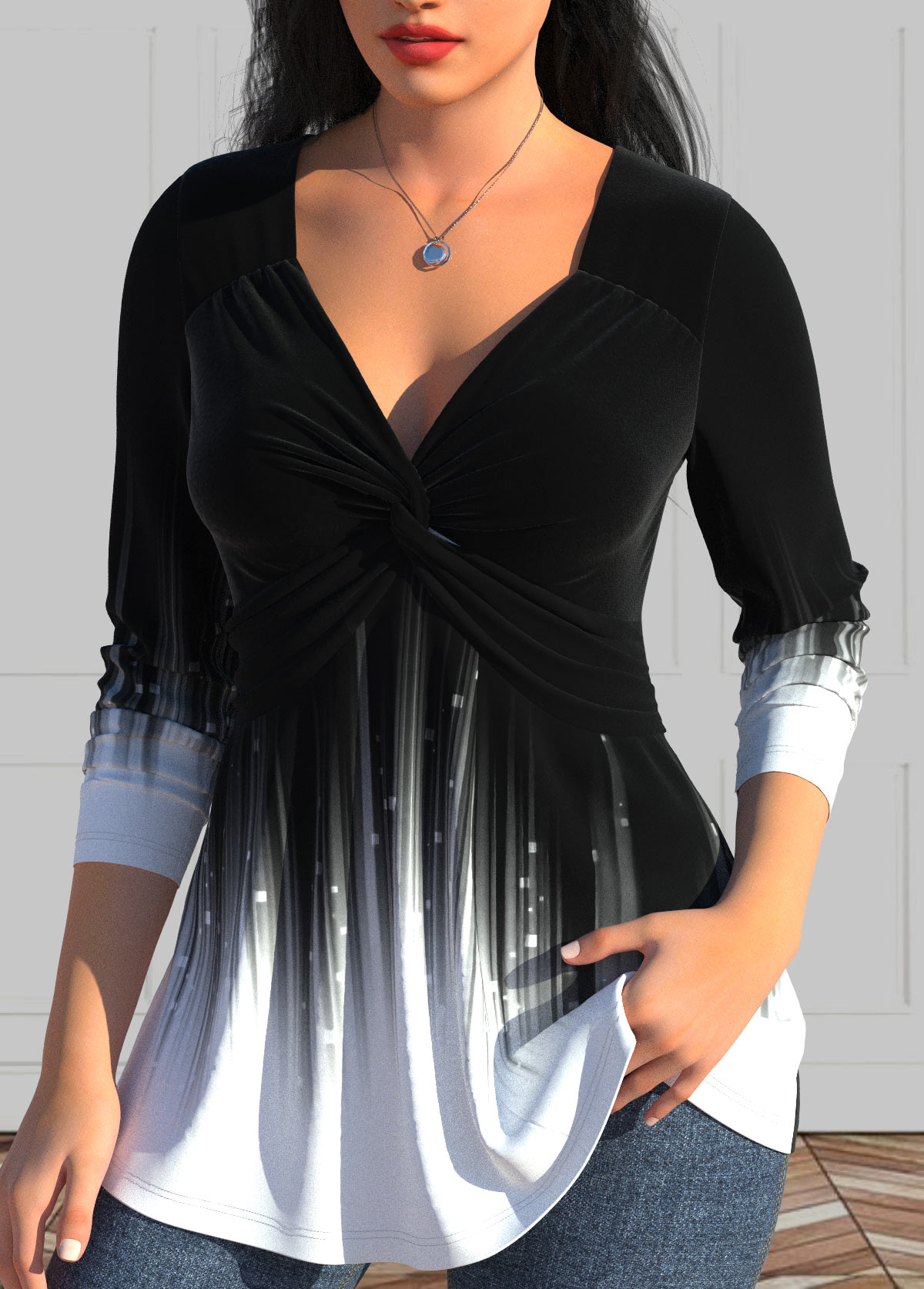 Black Twist Ombre Long Sleeve V Neck T Shirt | picture 