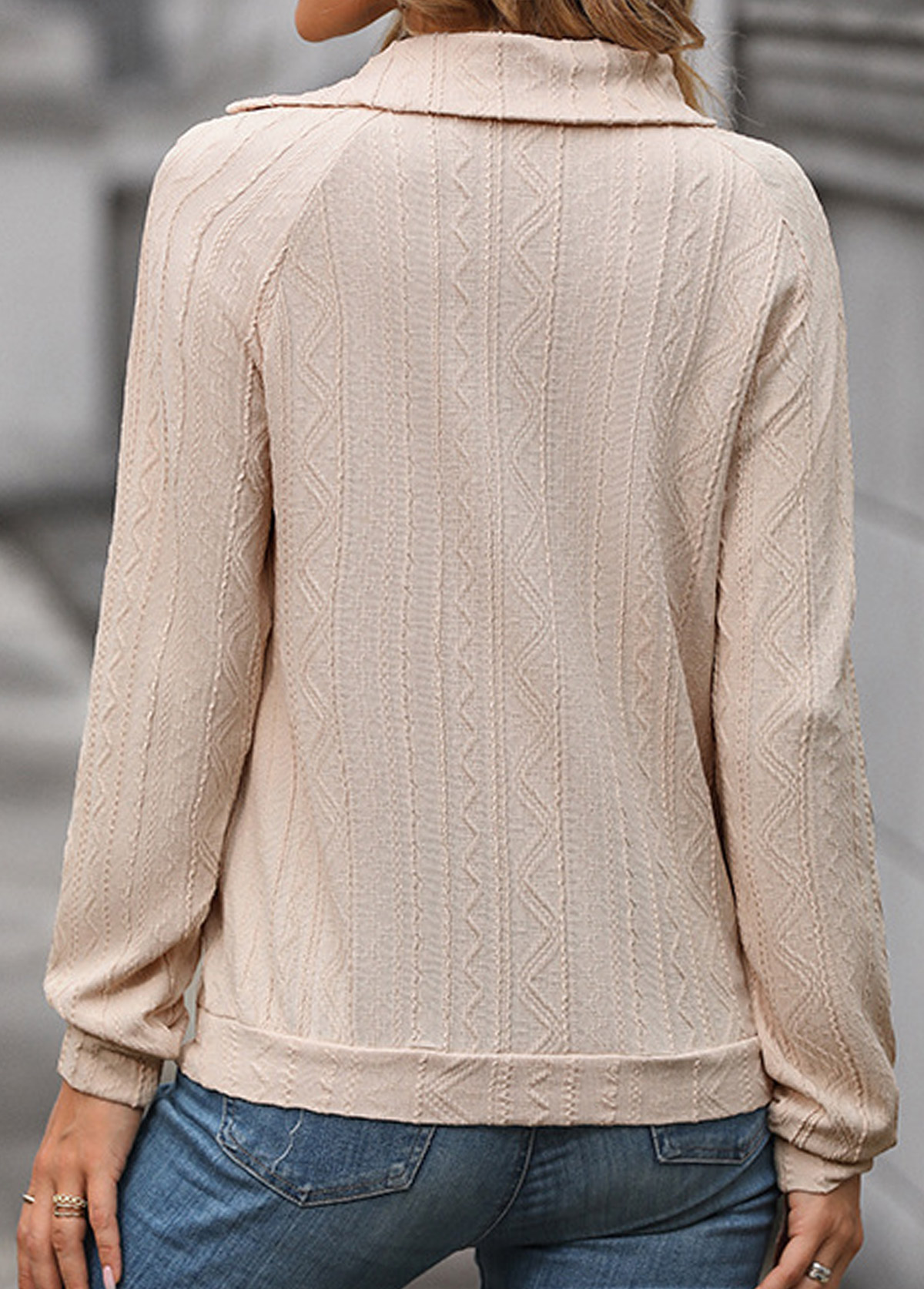 Beige Button Long Sleeve Asymmetrical Neck Sweatshirt
