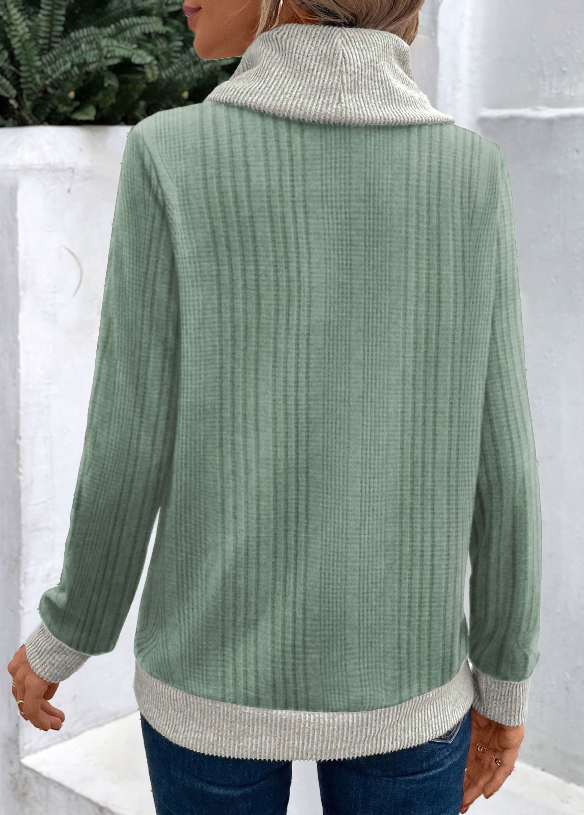 Sage Green Patchwork Long Sleeve Cowl Neck Sweatshirt