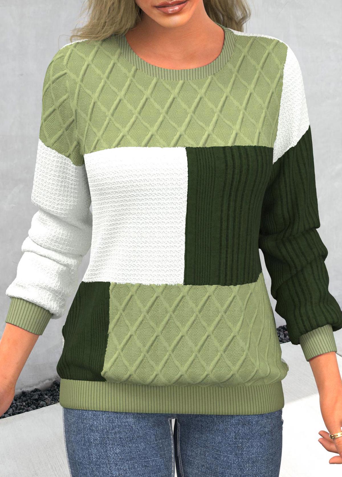 Light Green Patchwork Long Sleeve Round Neck Sweatshirt