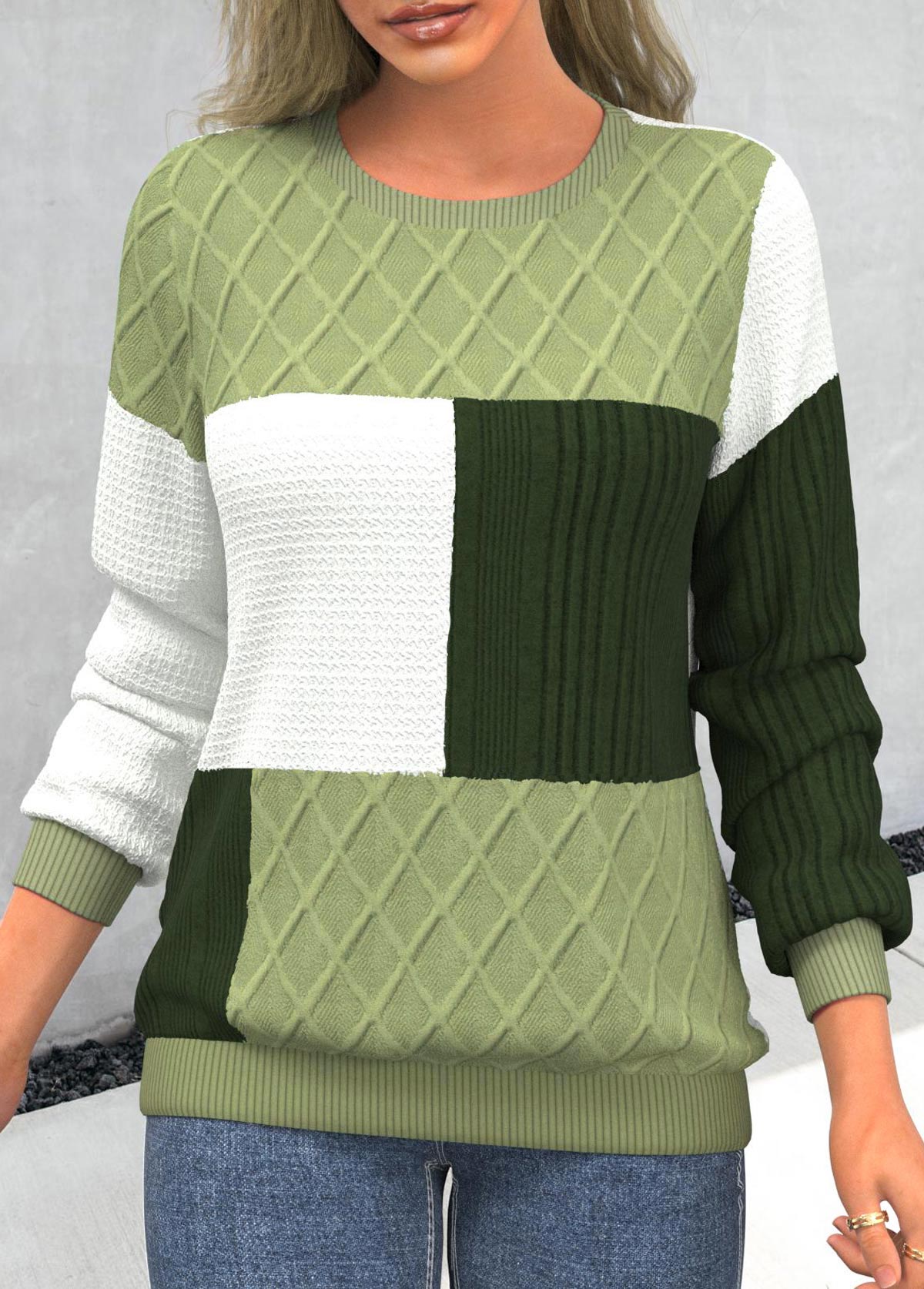Light Green Patchwork Long Sleeve Round Neck Sweatshirt | picture 