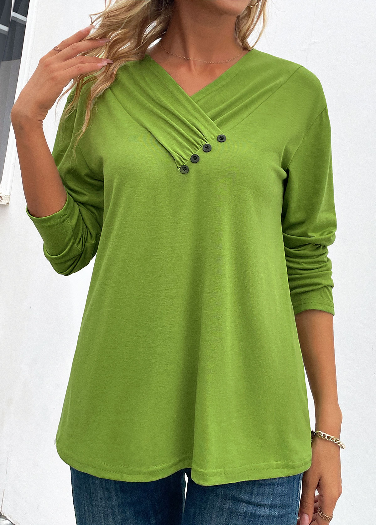 Grass Green Button Long Sleeve V Neck T Shirt