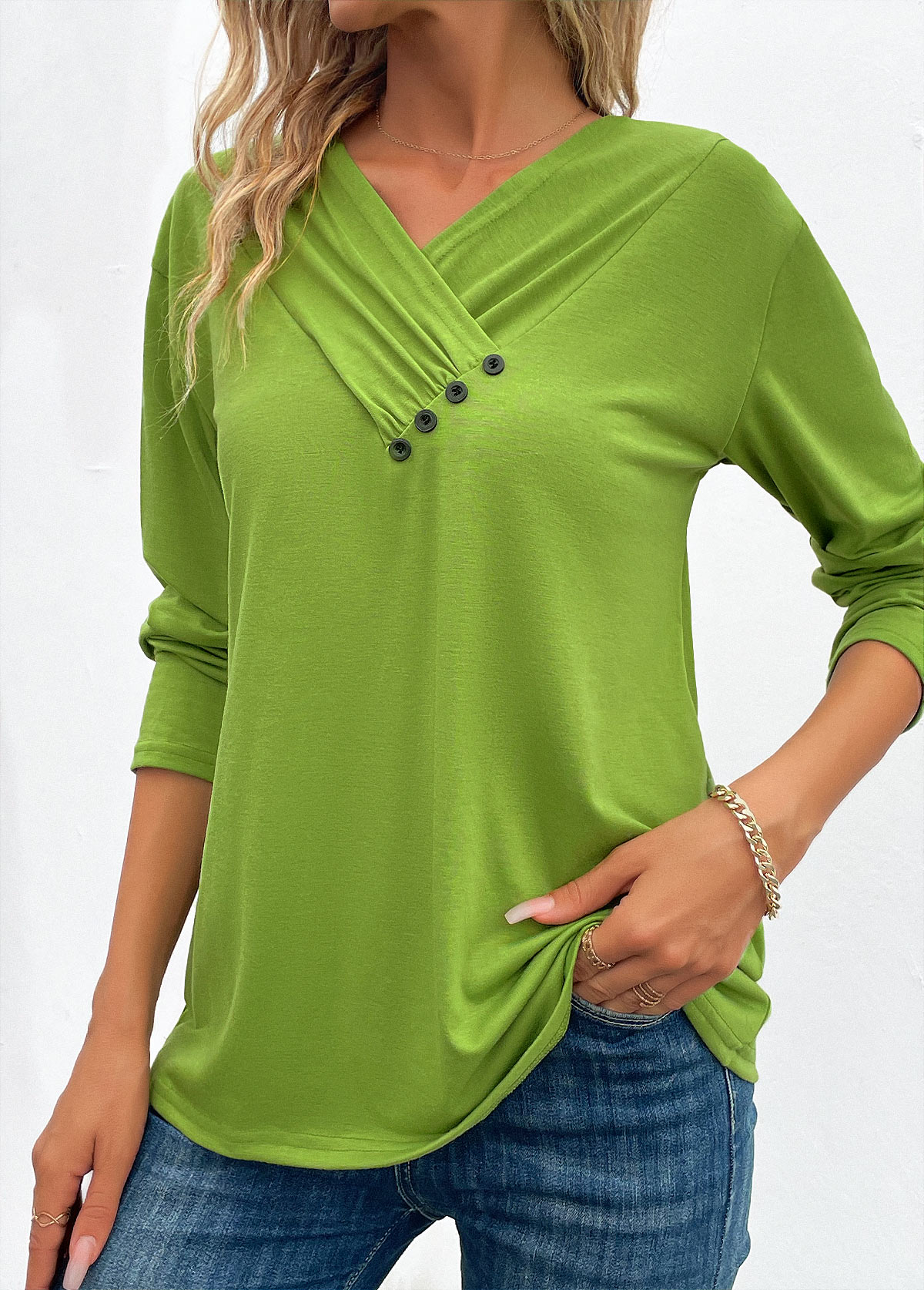 Grass Green Button Long Sleeve V Neck T Shirt