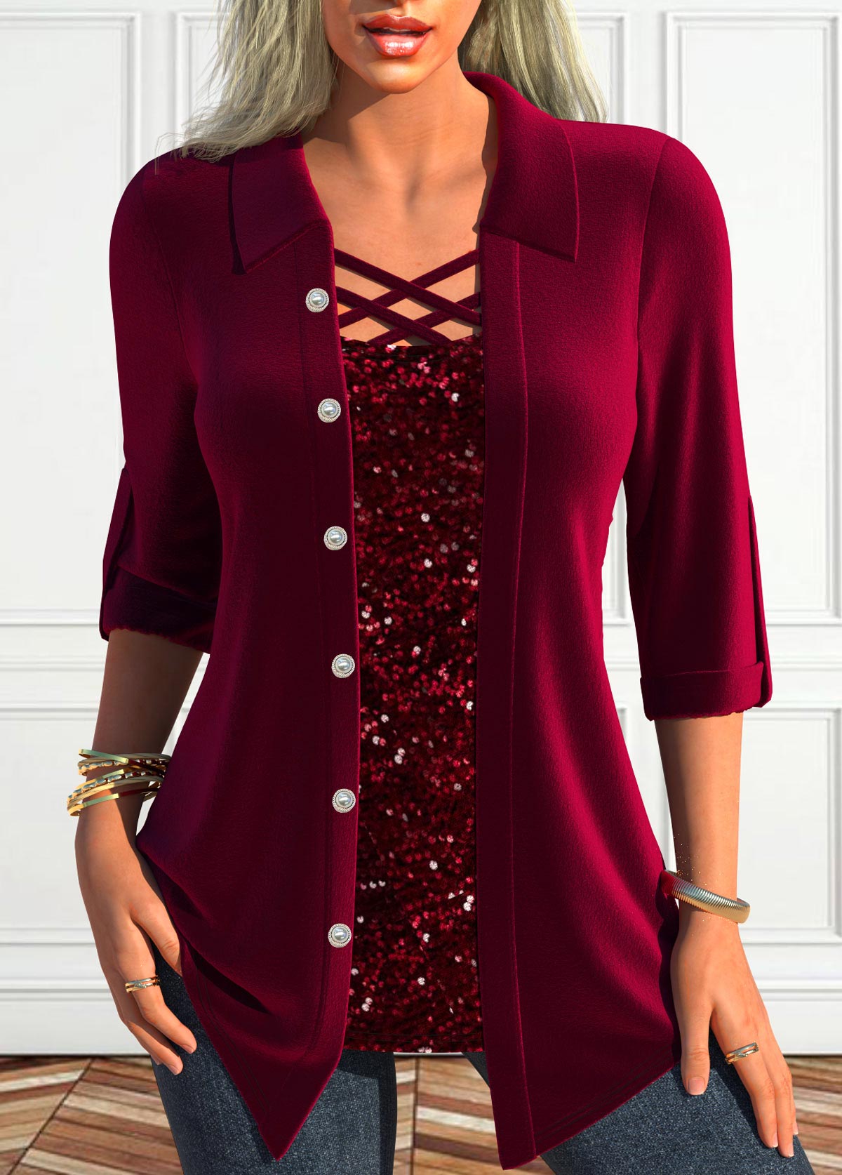 Wine Red Fake 2in1 Square Neck Blouse