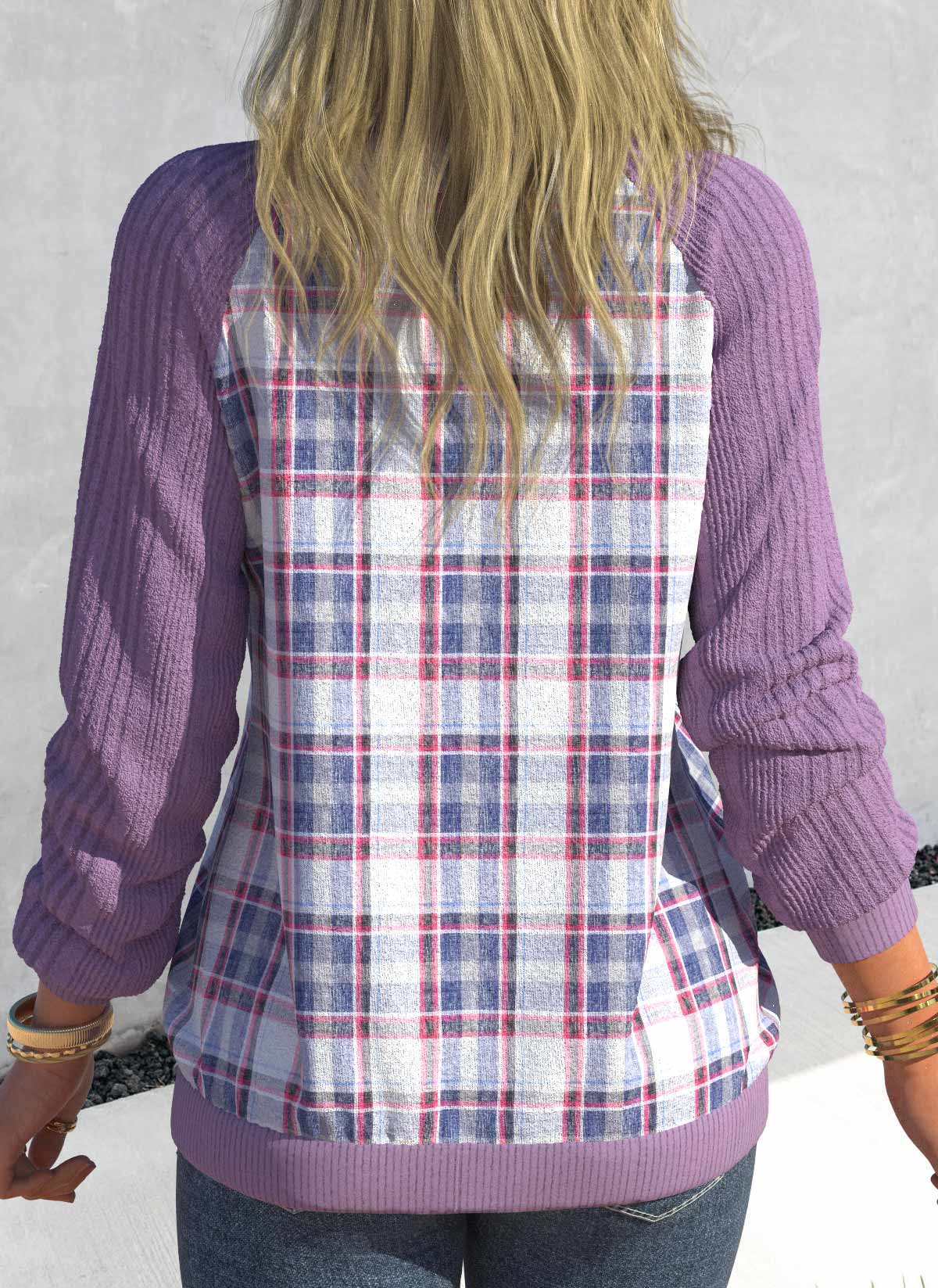 Light Purple Patchwork Plaid Long Sleeve V Neck Sweatshirt