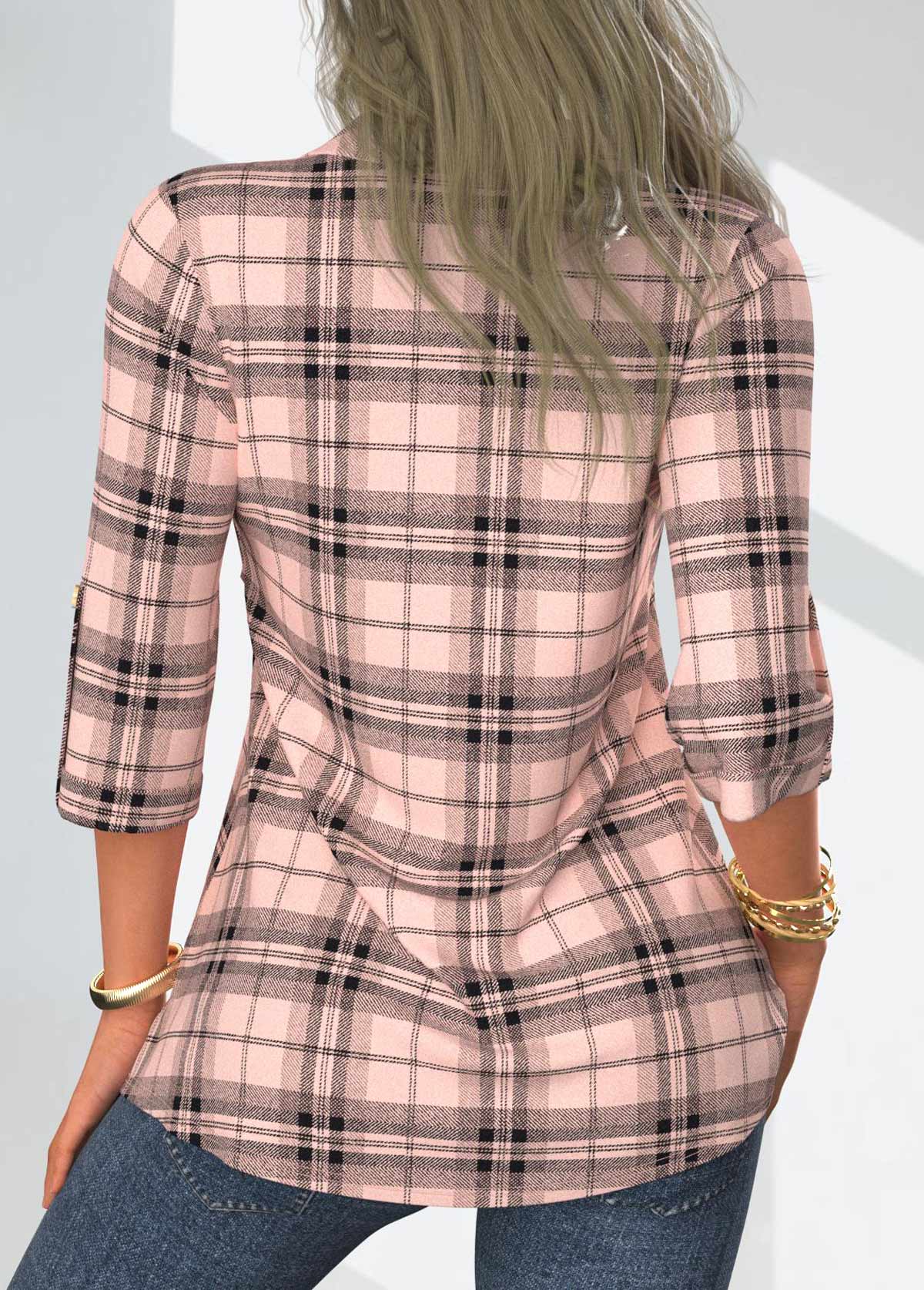 Dusty Pink Fake 2in1 Plaid Long Sleeve Blouse