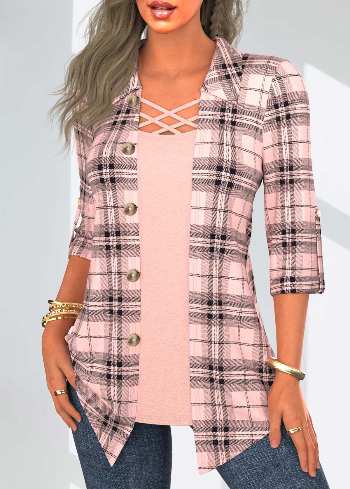 Dusty Pink Fake 2in1 Plaid Long Sleeve Blouse