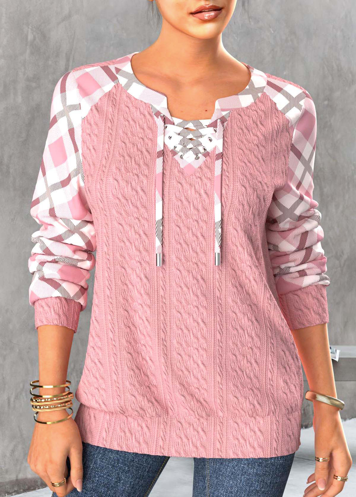 Light Pink Lace Up Plaid Long Sleeve Sweatshirt