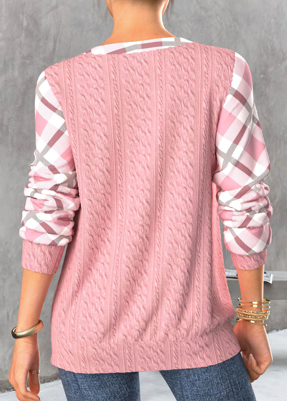 Light Pink Lace Up Plaid Long Sleeve Sweatshirt