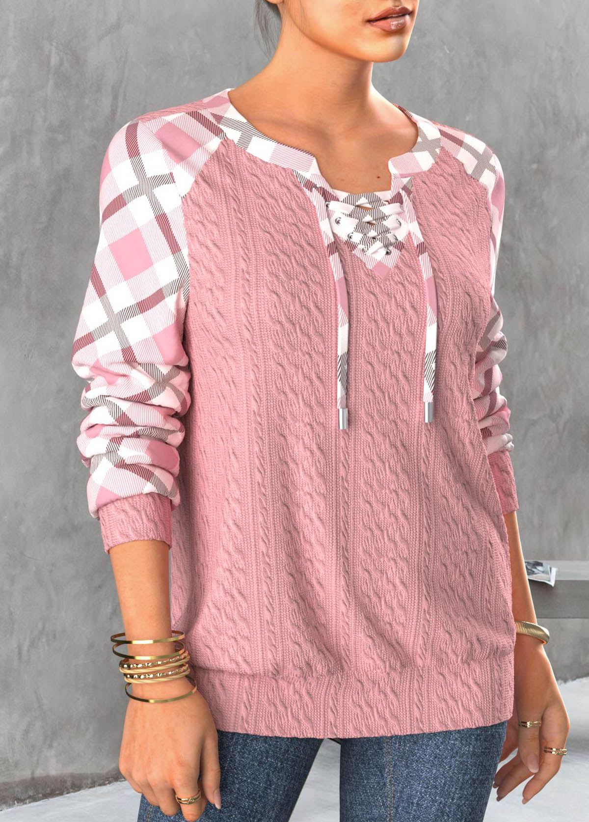 Light Pink Lace Up Plaid Long Sleeve Sweatshirt | picture 