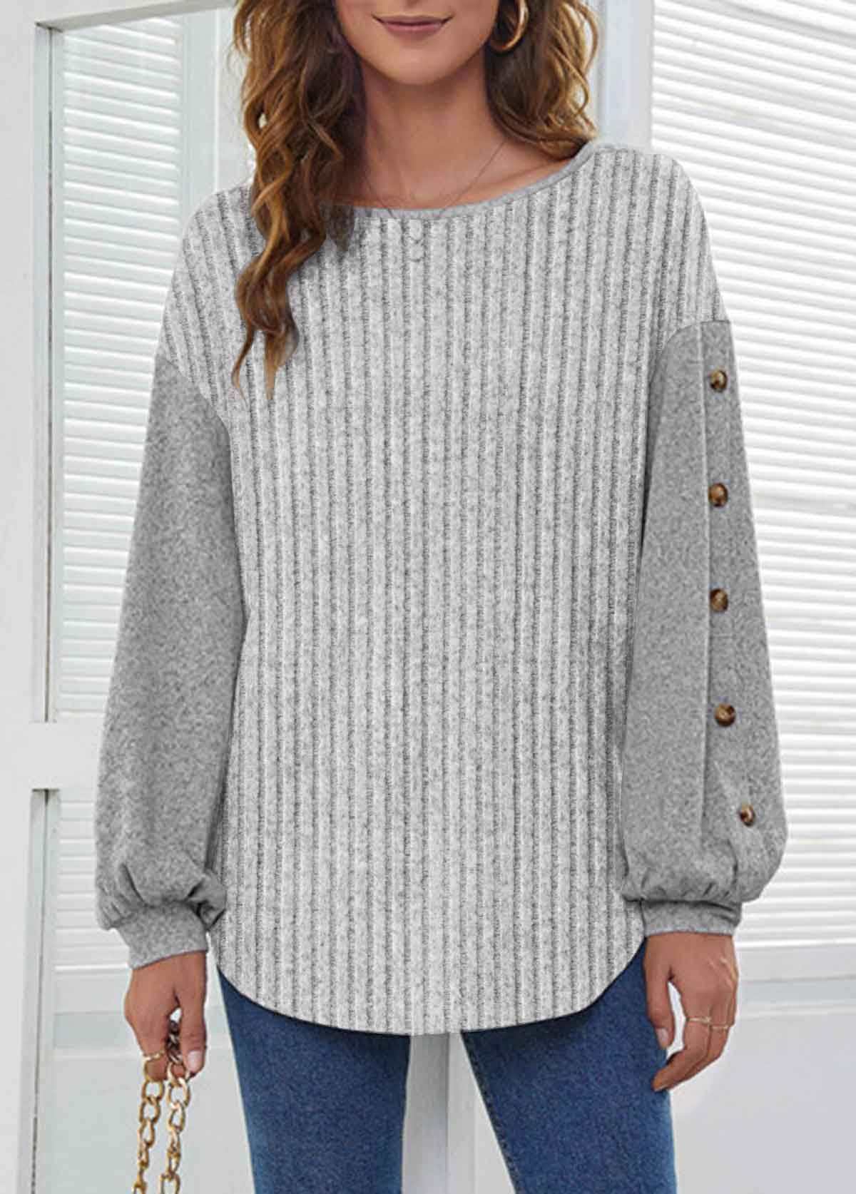 Grey Button Long Sleeve Round Neck Sweatshirt