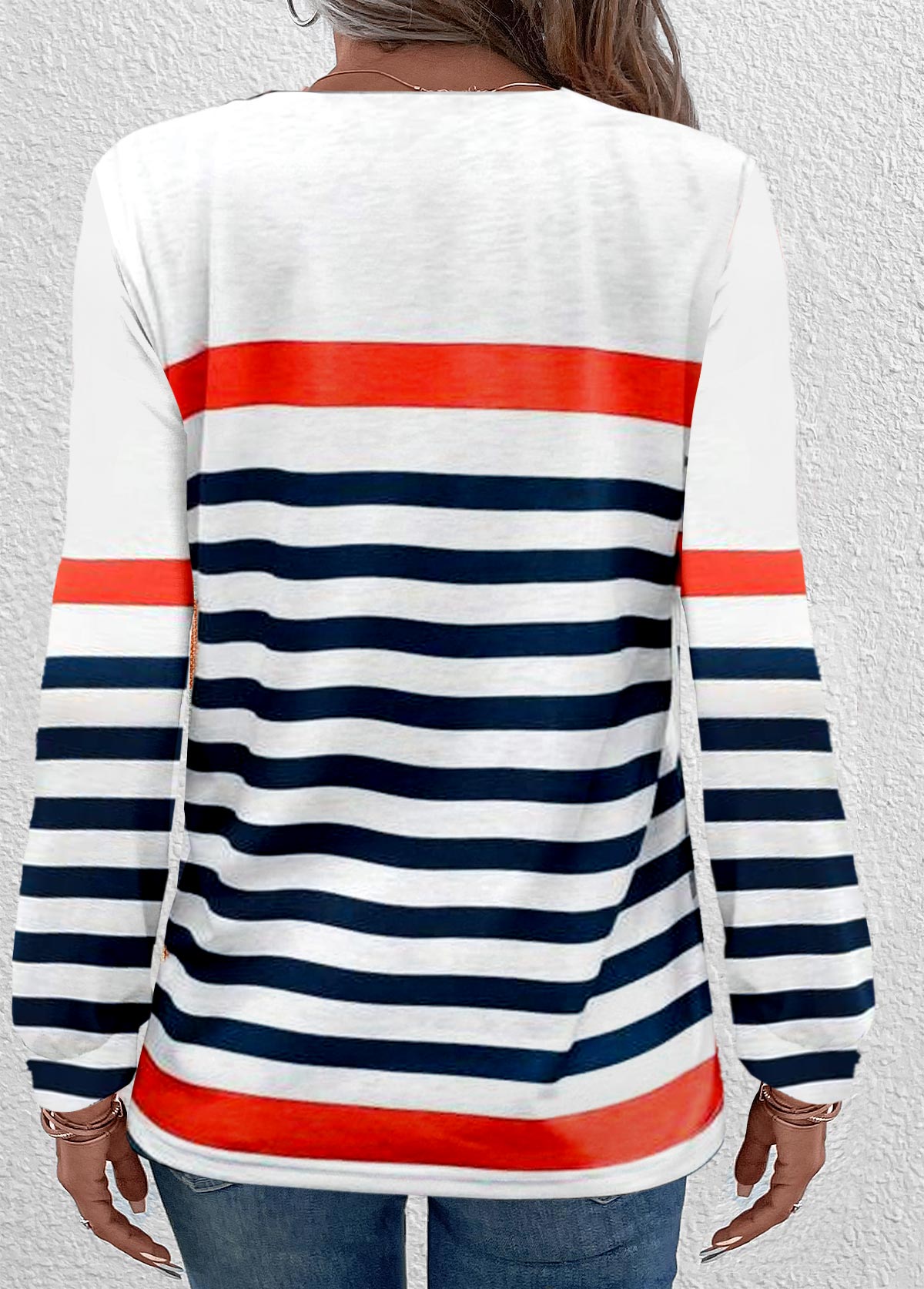 Navy Button Multi Stripe Print Long Sleeve T Shirt