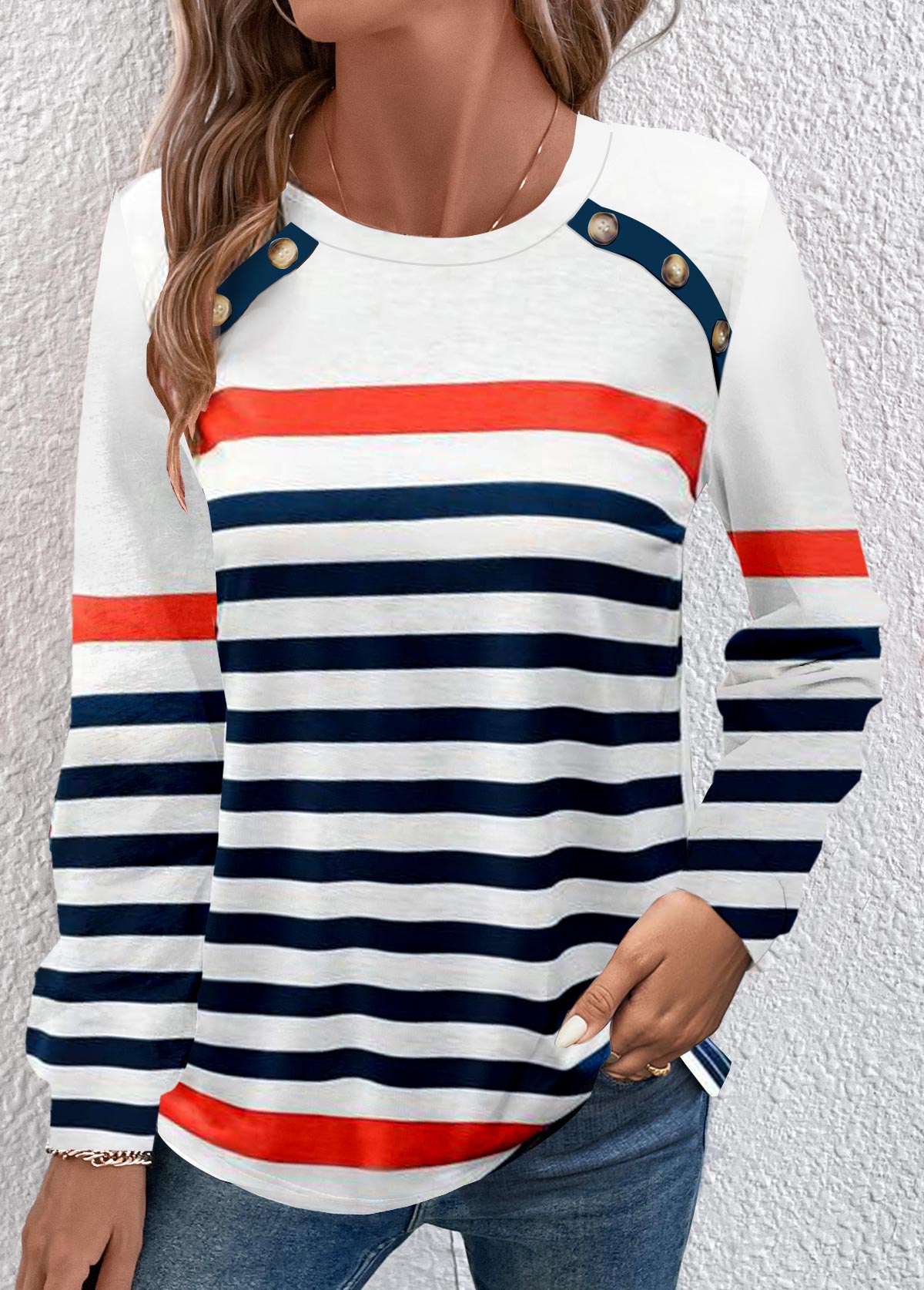 Navy Button Multi Stripe Print Long Sleeve T Shirt | picture 