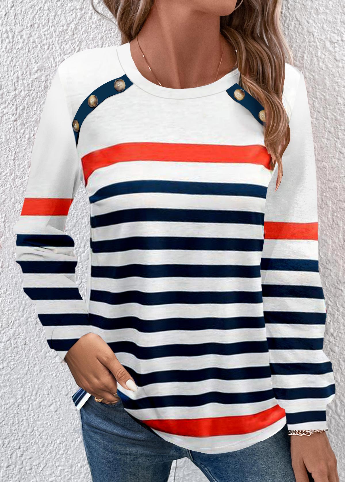 Navy Button Multi Stripe Print Long Sleeve T Shirt