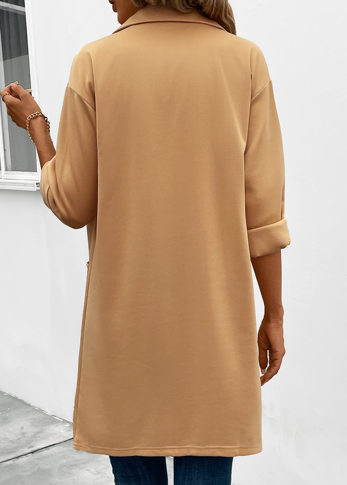 Light Camel Pocket Long Sleeve Lapel Coat