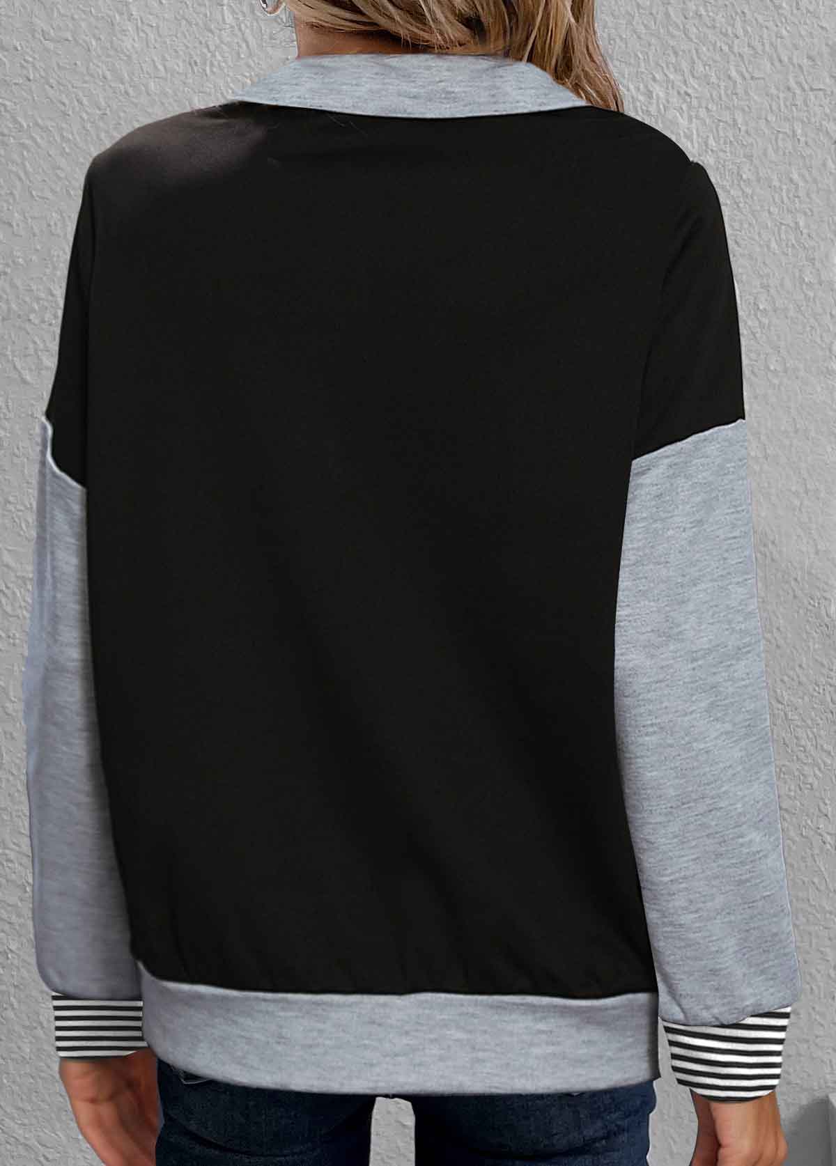 Black Snap Button Striped Long Sleeve Turtleneck Sweatshirt