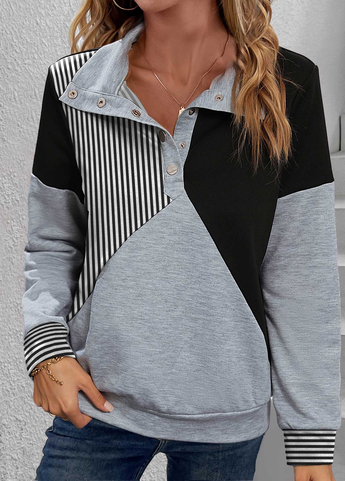 Black Snap Button Striped Long Sleeve Turtleneck Sweatshirt