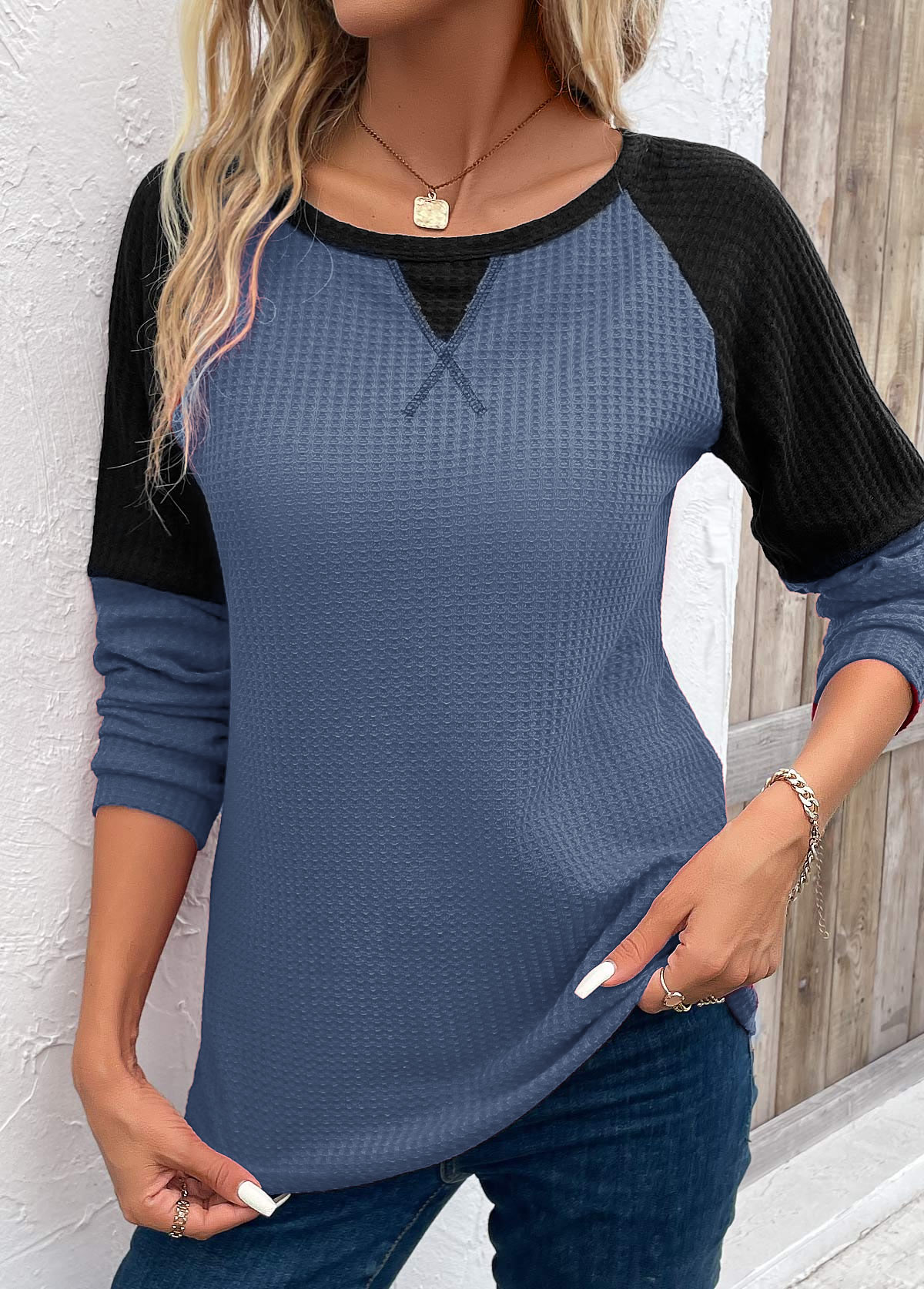 Dusty Blue Patchwork Long Sleeve Round Neck T Shirt