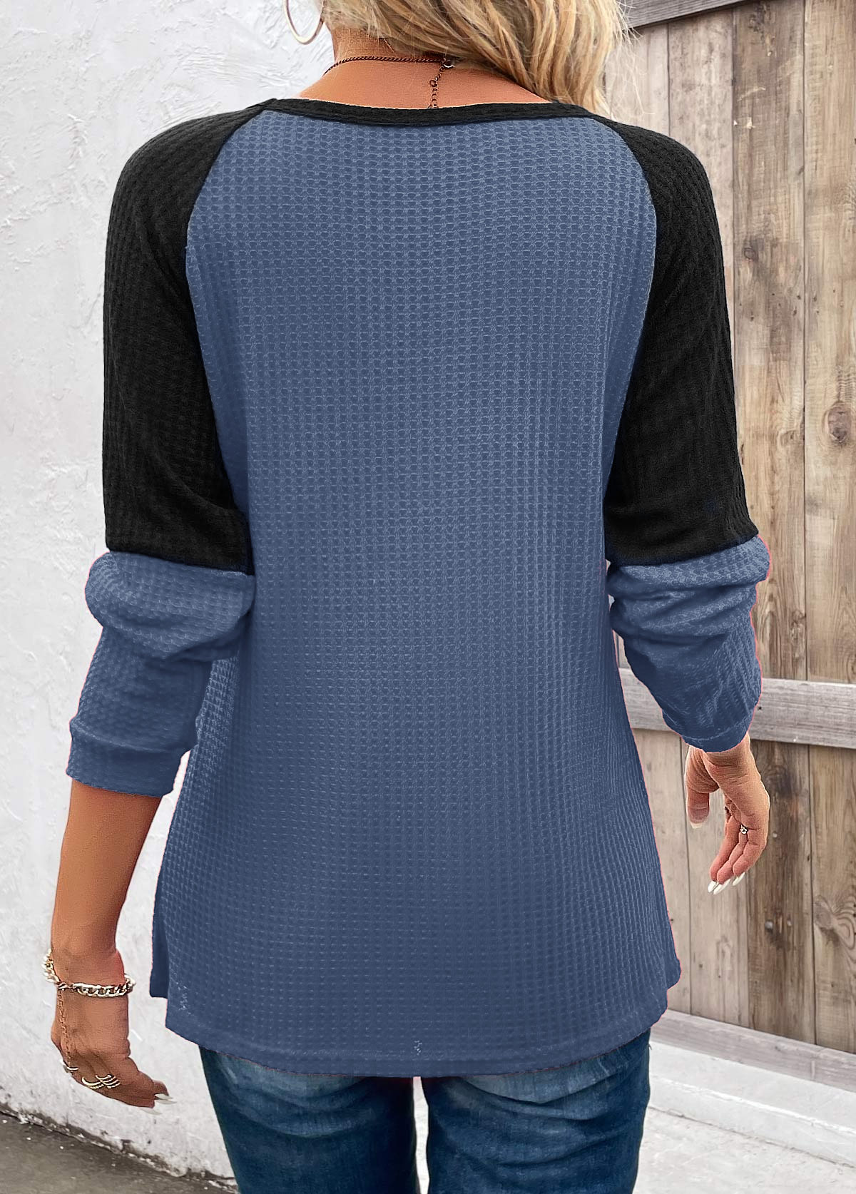 Dusty Blue Patchwork Long Sleeve Round Neck T Shirt