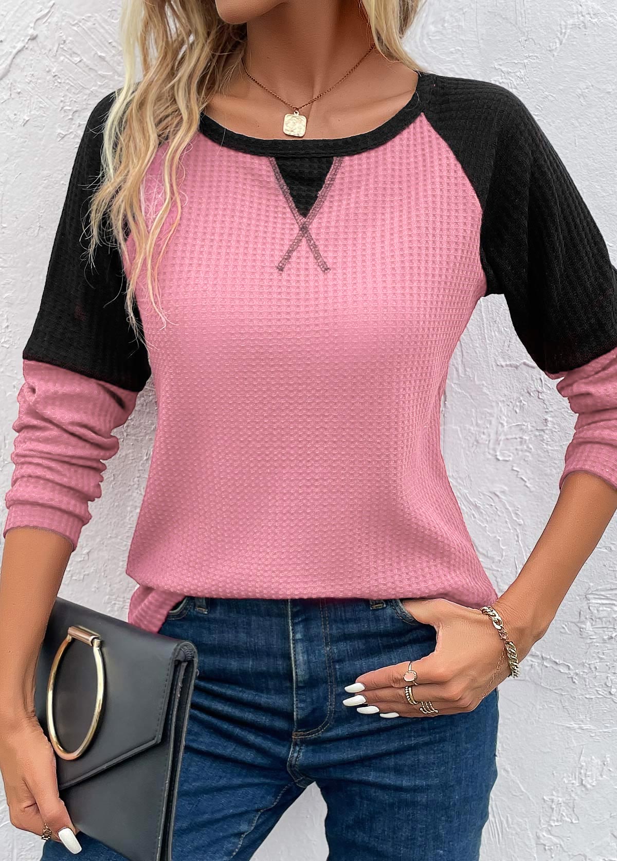 Pink Patchwork Long Sleeve Round Neck T Shirt