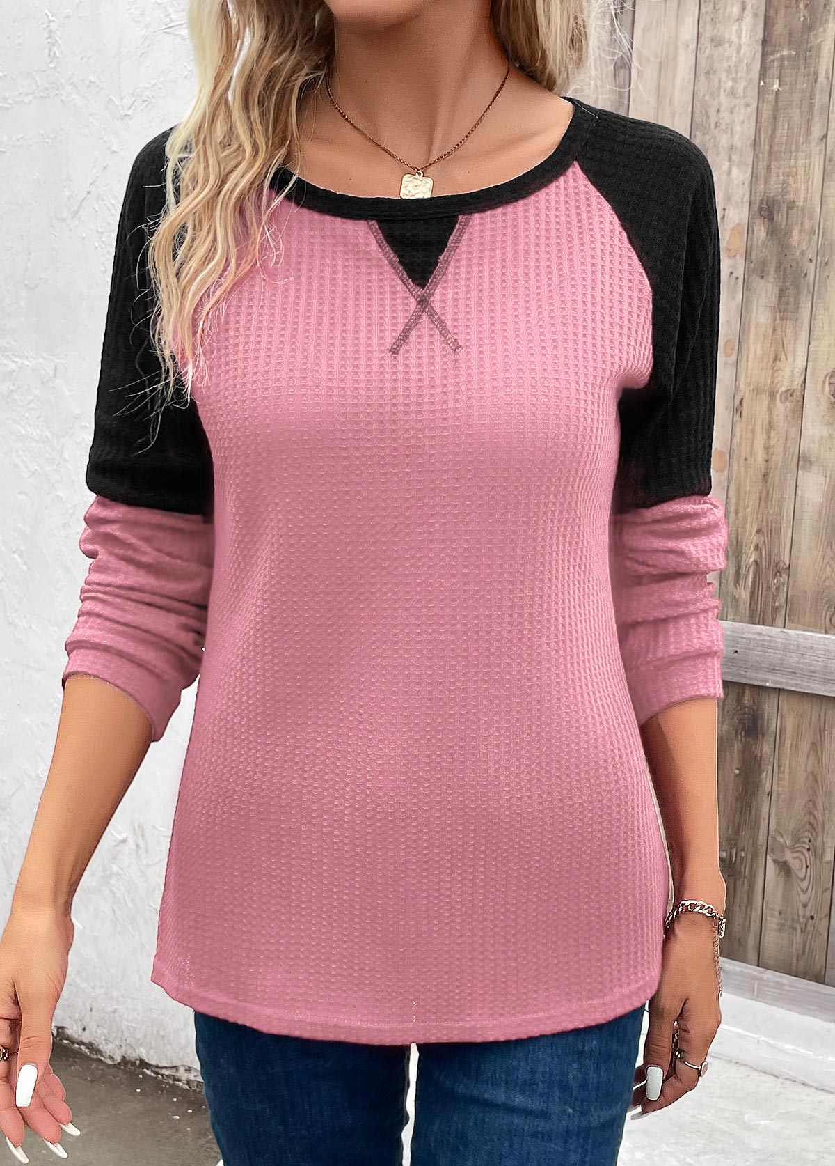 Pink Patchwork Long Sleeve Round Neck T Shirt