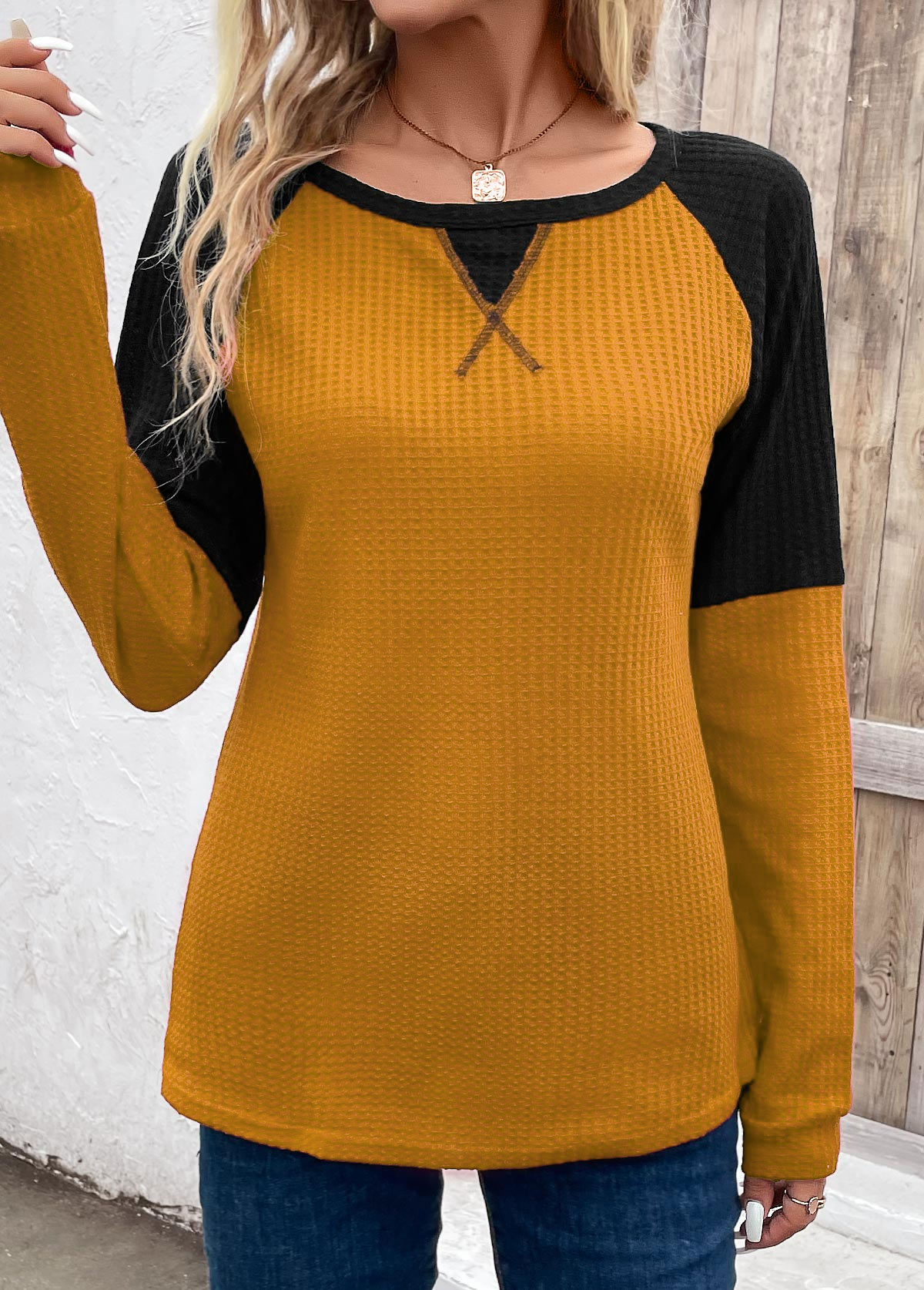Ginger Patchwork Long Sleeve Round Neck T Shirt